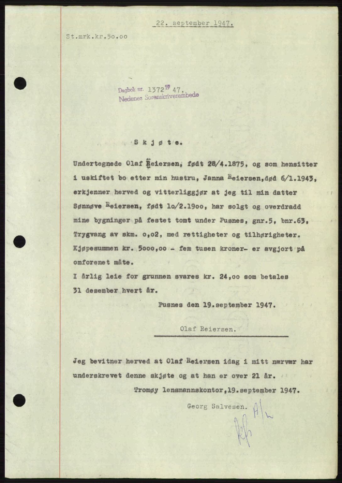 Nedenes sorenskriveri, SAK/1221-0006/G/Gb/Gba/L0058: Pantebok nr. A10, 1947-1948, Dagboknr: 1372/1947