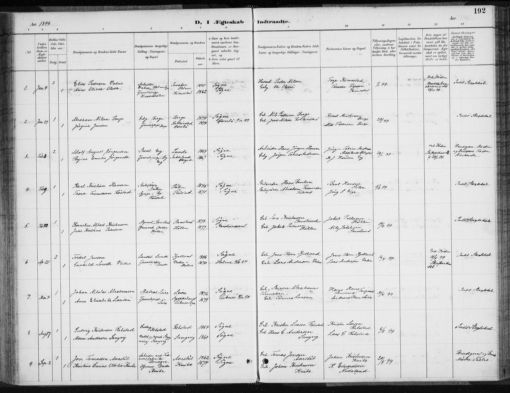 Søgne sokneprestkontor, SAK/1111-0037/F/Fa/Fab/L0013: Ministerialbok nr. A 13, 1892-1911, s. 192