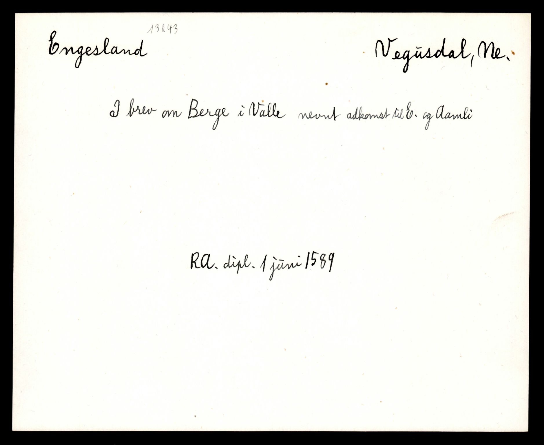 Riksarkivets diplomsamling, AV/RA-EA-5965/F35/F35e/L0024: Registreringssedler Aust-Agder 2, 1400-1700, s. 209