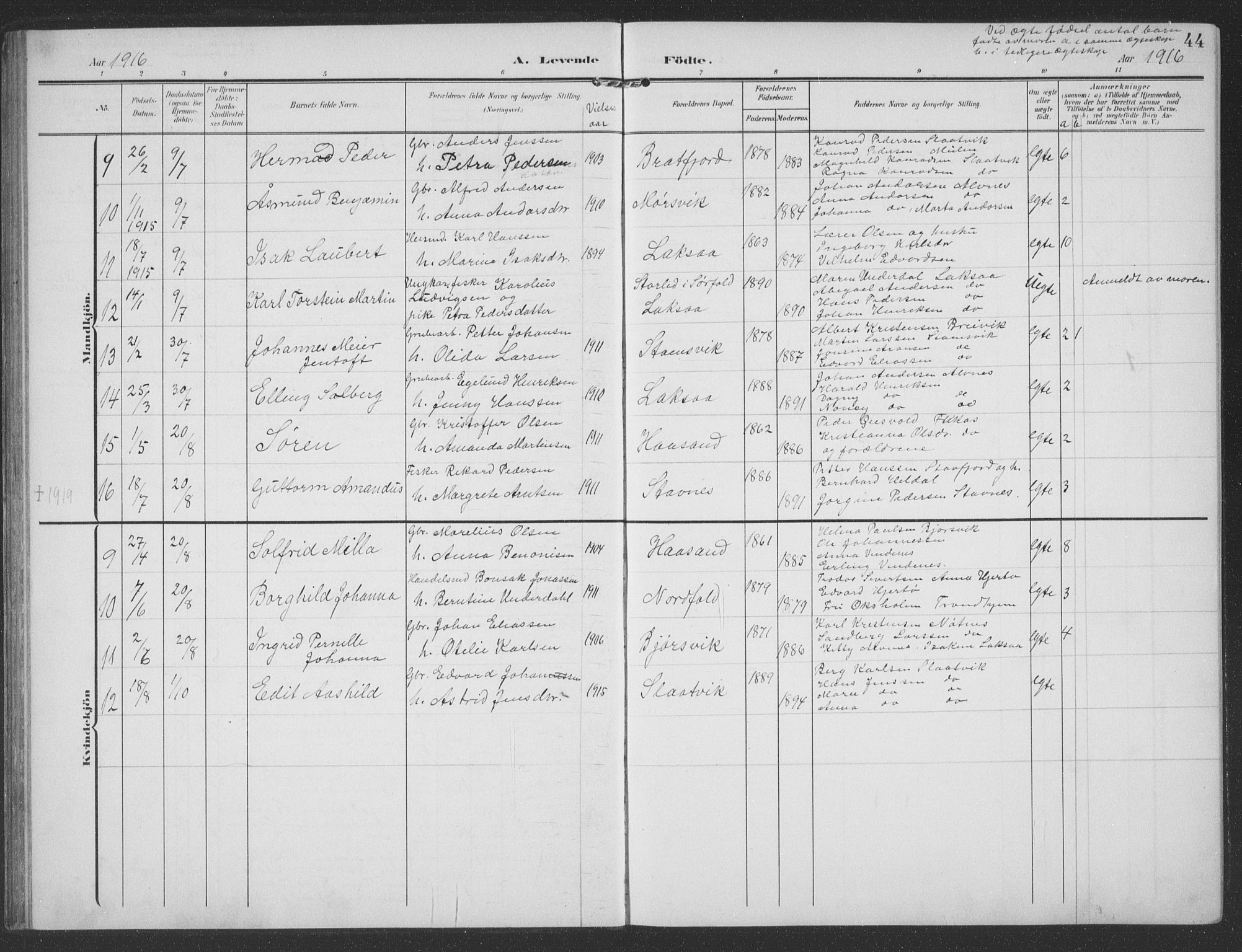 Ministerialprotokoller, klokkerbøker og fødselsregistre - Nordland, AV/SAT-A-1459/858/L0835: Klokkerbok nr. 858C02, 1904-1940, s. 44