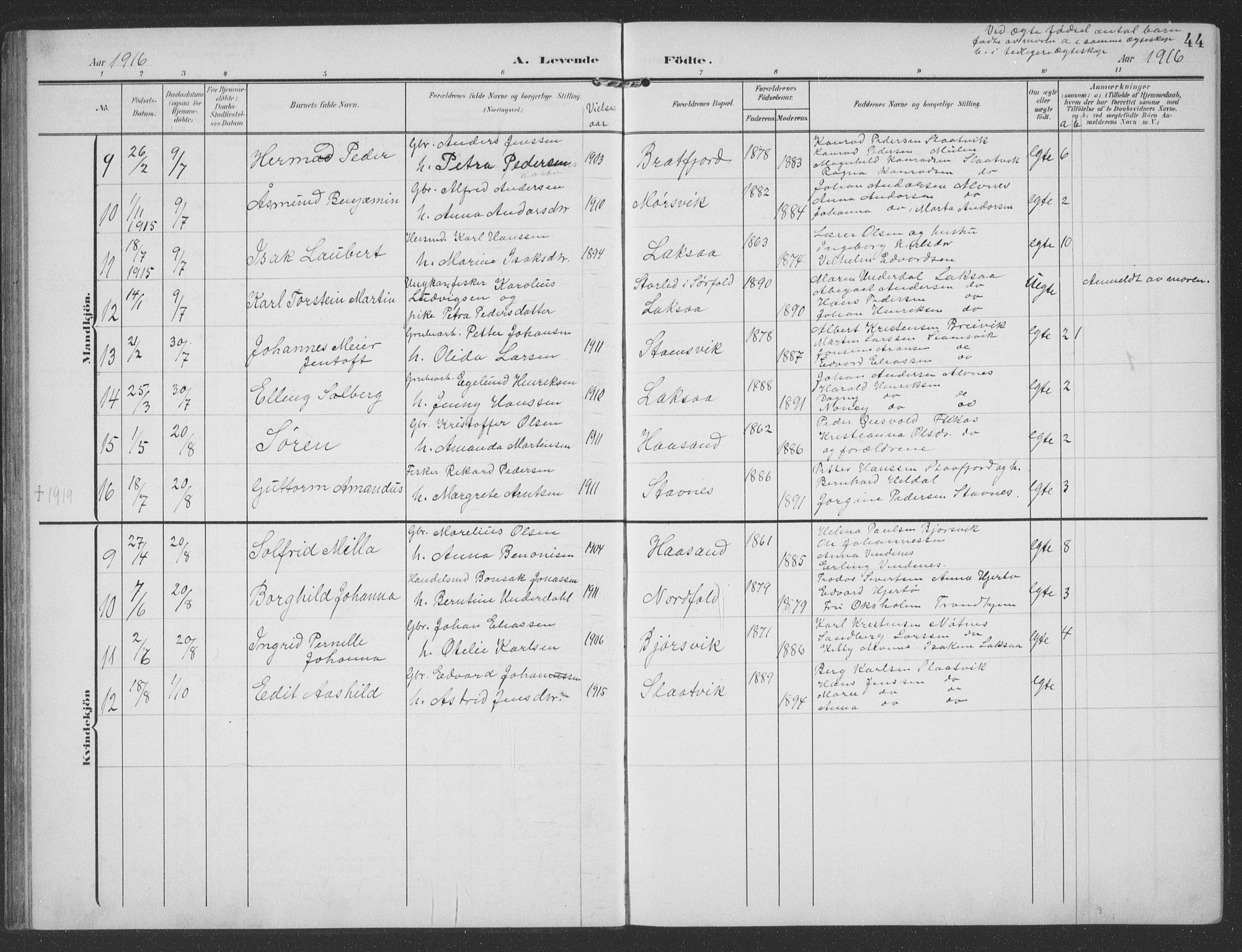 Ministerialprotokoller, klokkerbøker og fødselsregistre - Nordland, SAT/A-1459/858/L0835: Klokkerbok nr. 858C02, 1904-1940, s. 44