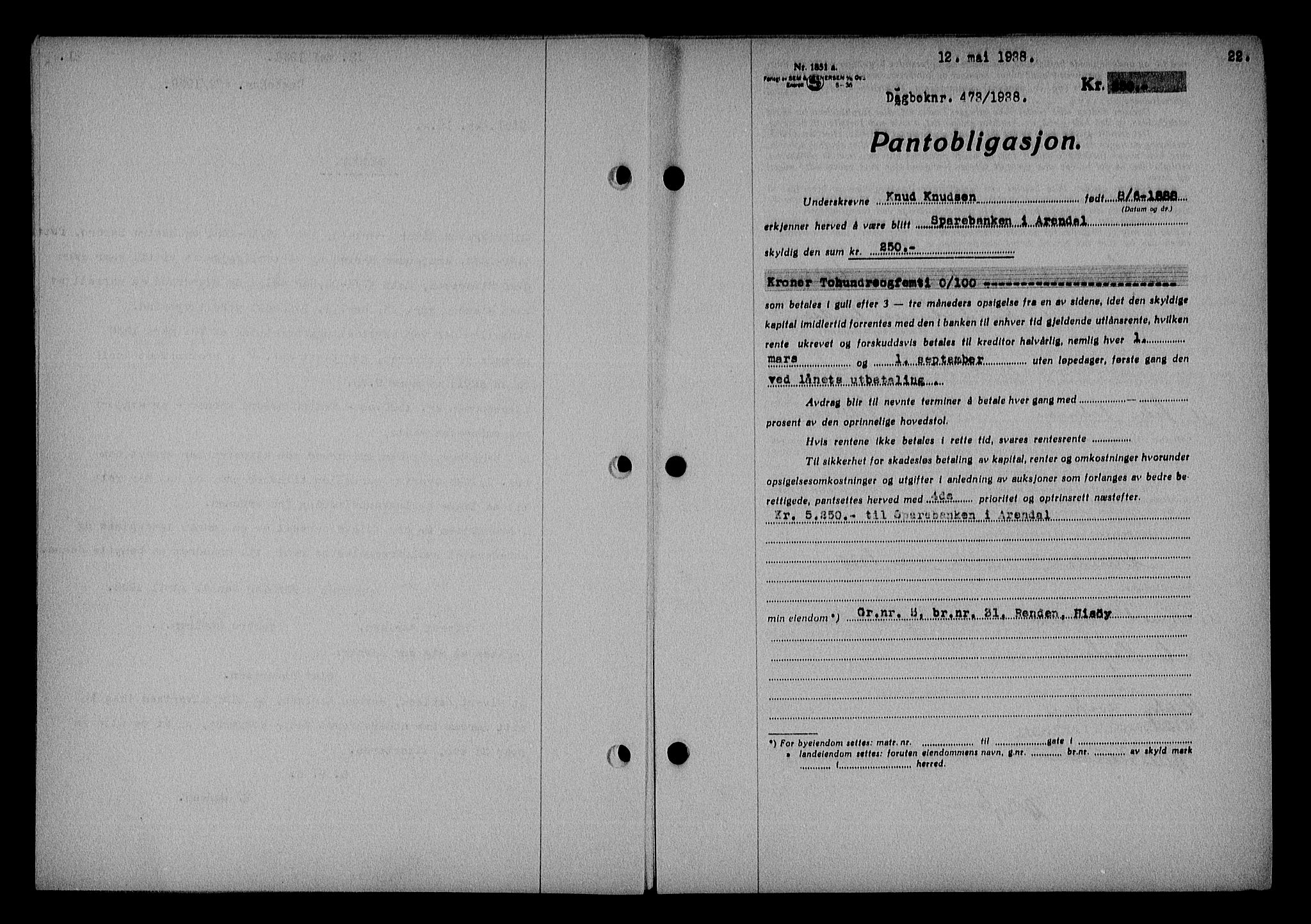 Nedenes sorenskriveri, AV/SAK-1221-0006/G/Gb/Gba/L0045: Pantebok nr. 41, 1938-1938, Dagboknr: 478/1938