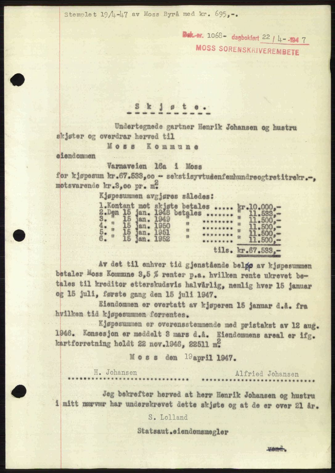 Moss sorenskriveri, SAO/A-10168: Pantebok nr. A17, 1947-1947, Dagboknr: 1068/1947
