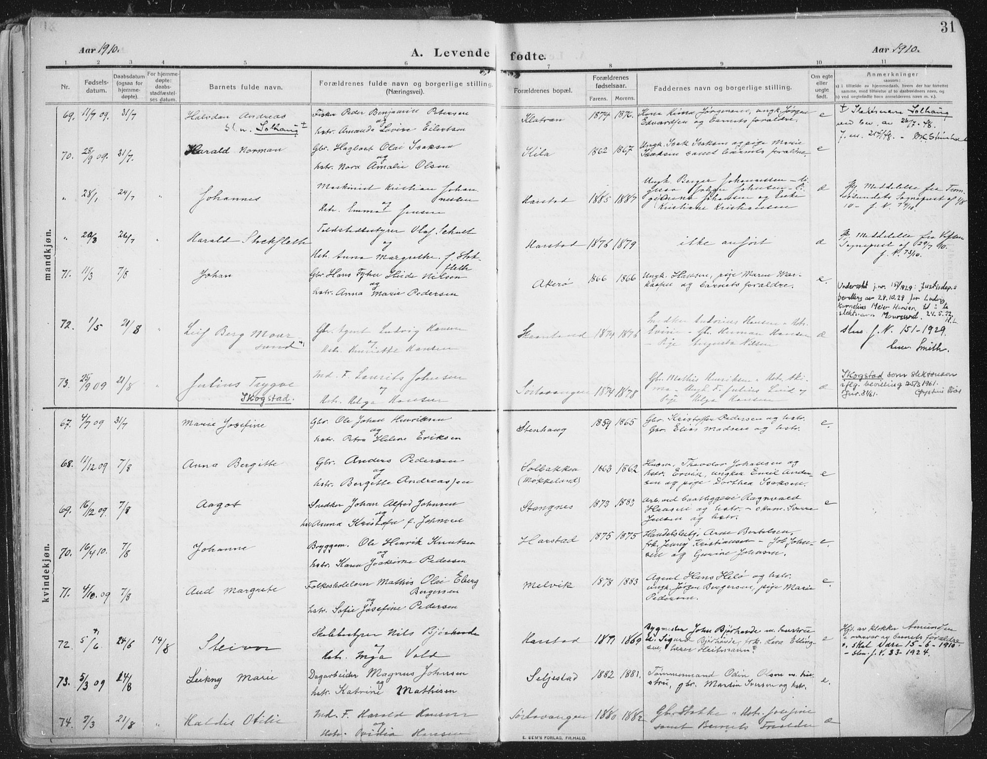 Trondenes sokneprestkontor, AV/SATØ-S-1319/H/Ha/L0018kirke: Ministerialbok nr. 18, 1909-1918, s. 31