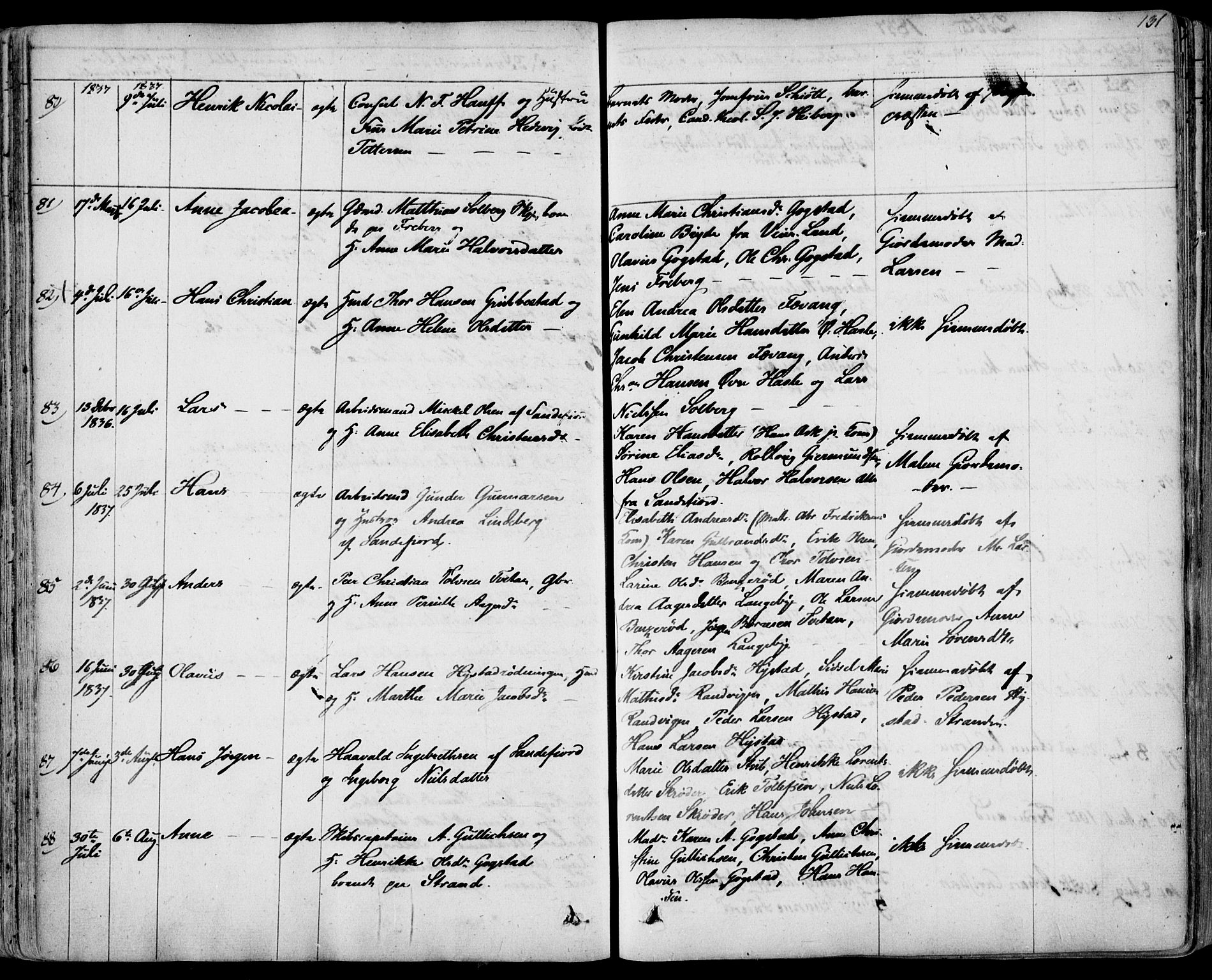 Sandar kirkebøker, AV/SAKO-A-243/F/Fa/L0005: Ministerialbok nr. 5, 1832-1847, s. 130-131