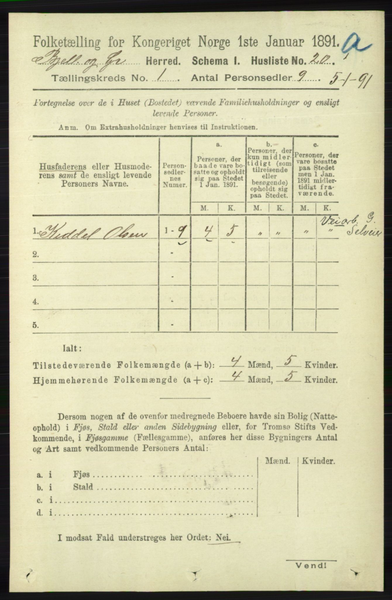 RA, Folketelling 1891 for 1024 Bjelland og Grindheim herred, 1891, s. 42