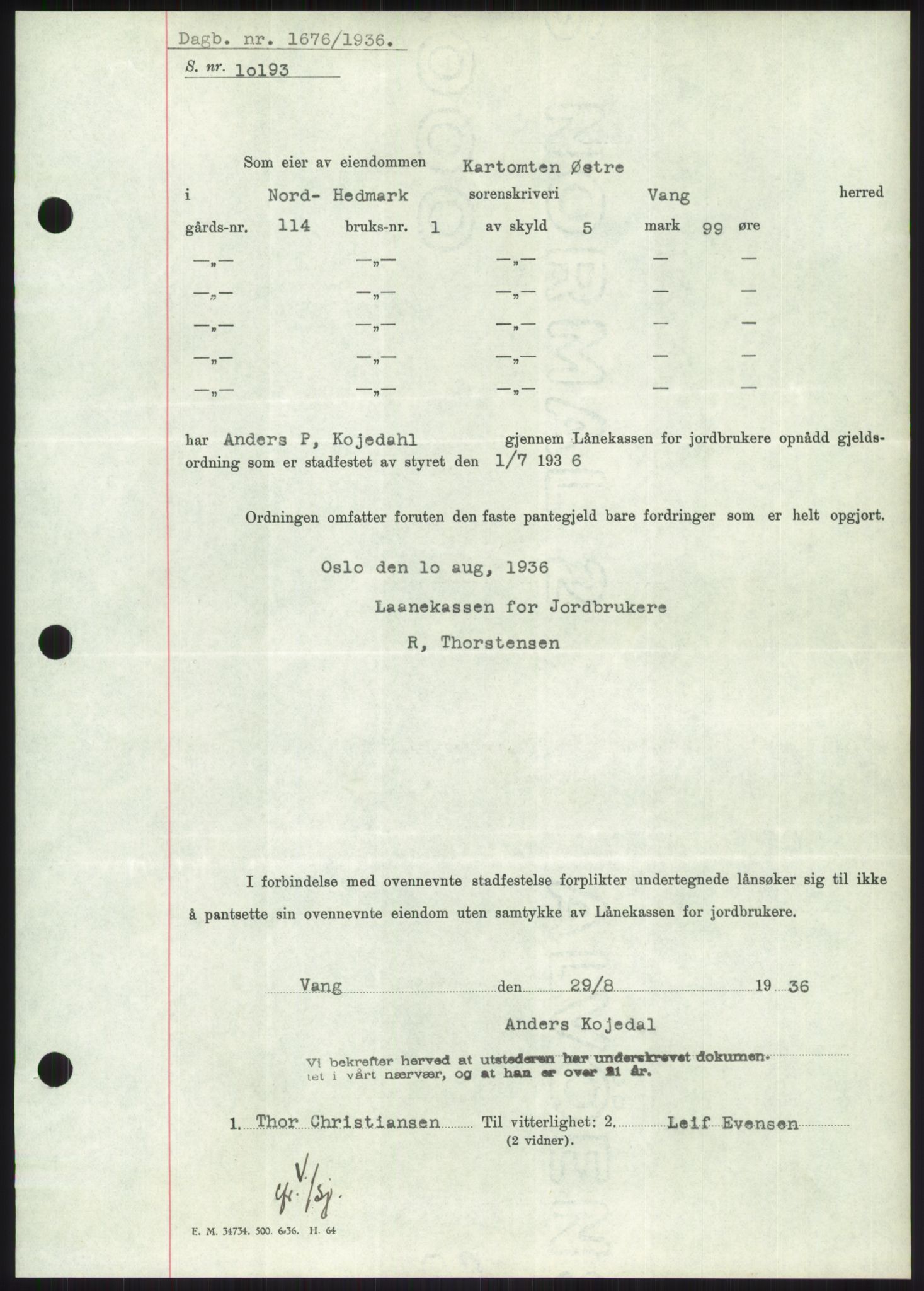 Nord-Hedmark sorenskriveri, SAH/TING-012/H/Hb/Hbf/L0001: Pantebok nr. B1, 1936-1936, Dagboknr: 1676/1936