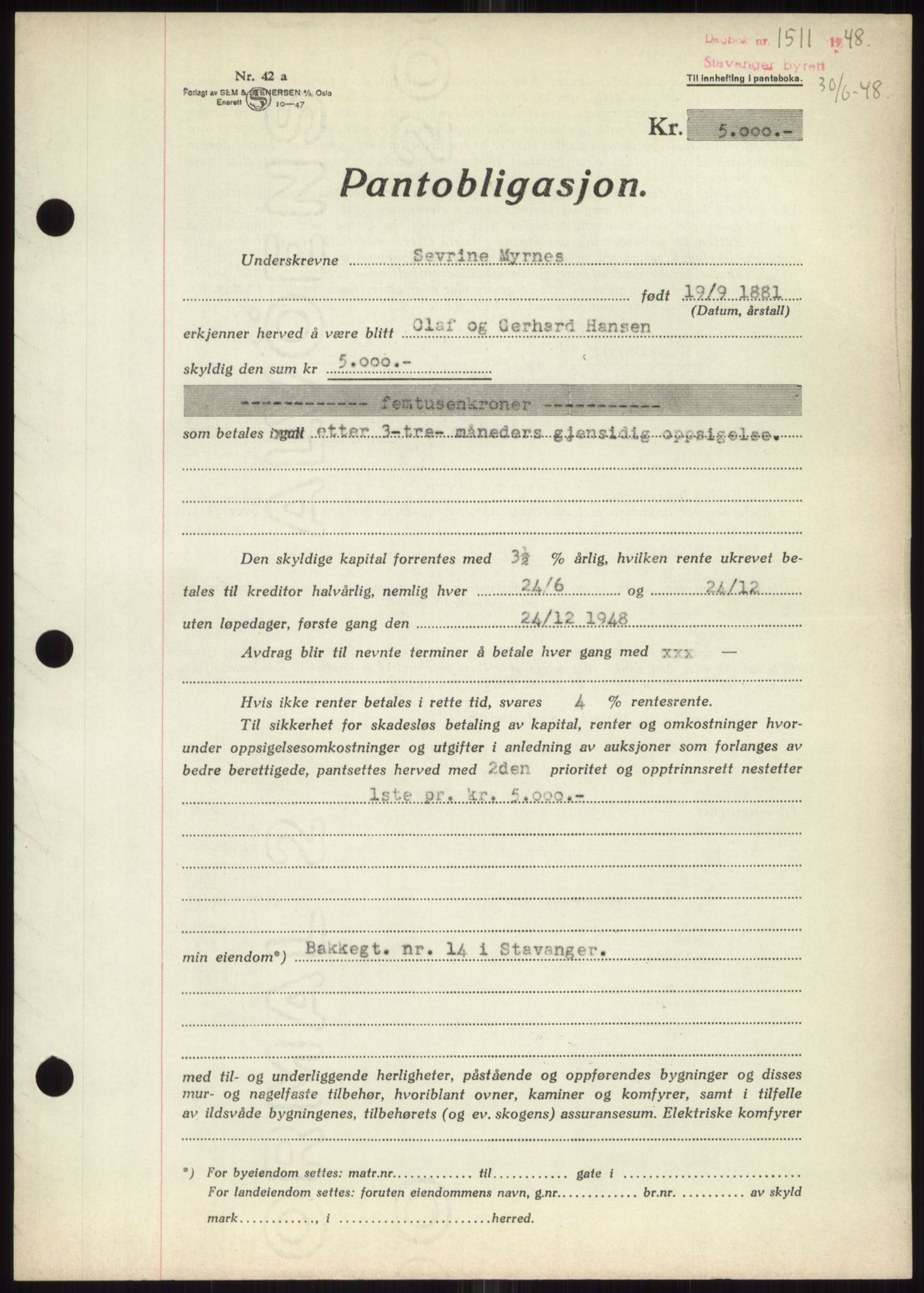 Stavanger byrett, SAST/A-100455/002/G/Gb/L0032: Pantebok, 1947-1950, Dagboknr: 1511/1948