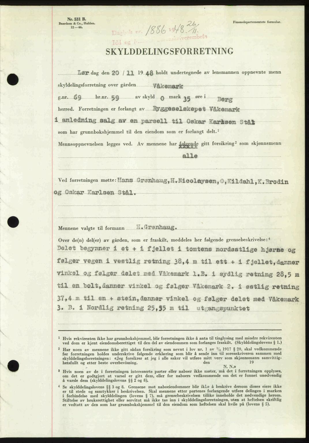 Idd og Marker sorenskriveri, SAO/A-10283/G/Gb/Gbb/L0011: Pantebok nr. A11, 1948-1949, Dagboknr: 1886/1948