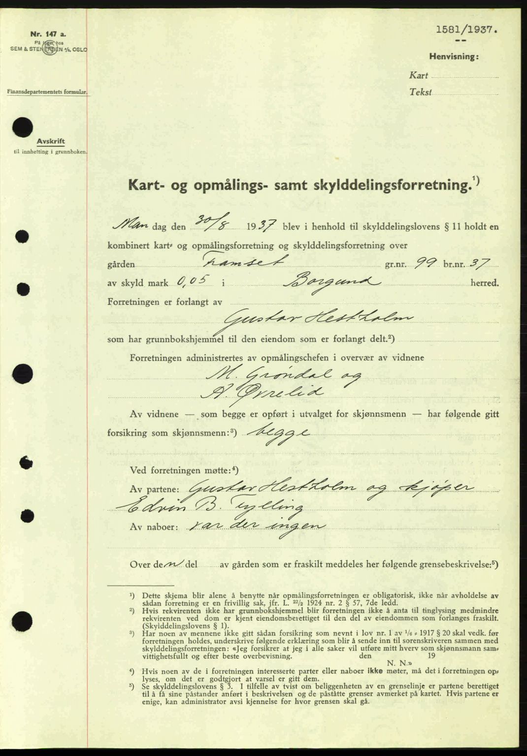 Nordre Sunnmøre sorenskriveri, SAT/A-0006/1/2/2C/2Ca: Pantebok nr. A3, 1937-1937, Dagboknr: 1581/1937
