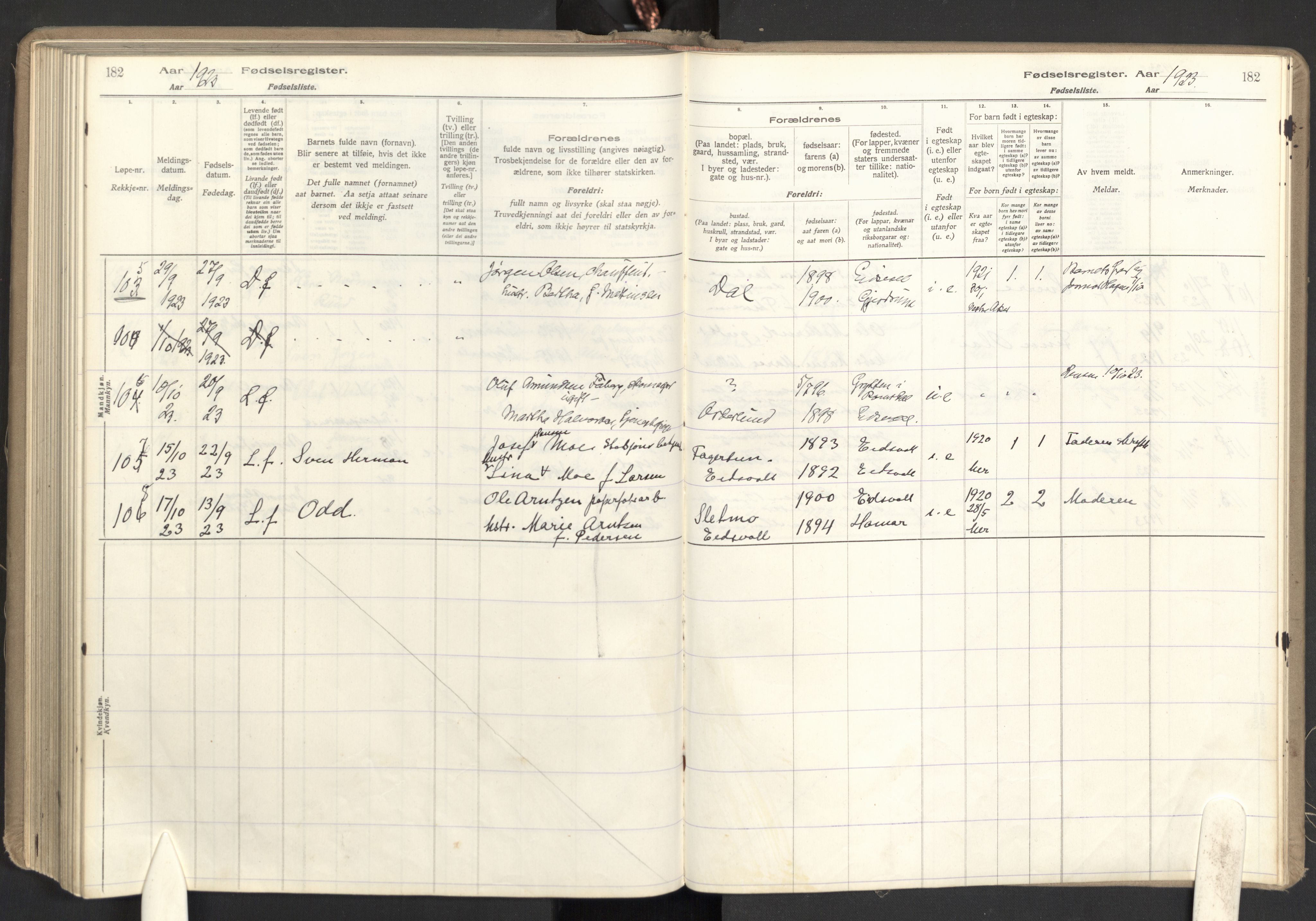 Eidsvoll prestekontor Kirkebøker, AV/SAO-A-10888/J/Ja/L0001: Fødselsregister nr. I 1, 1916-1924, s. 182