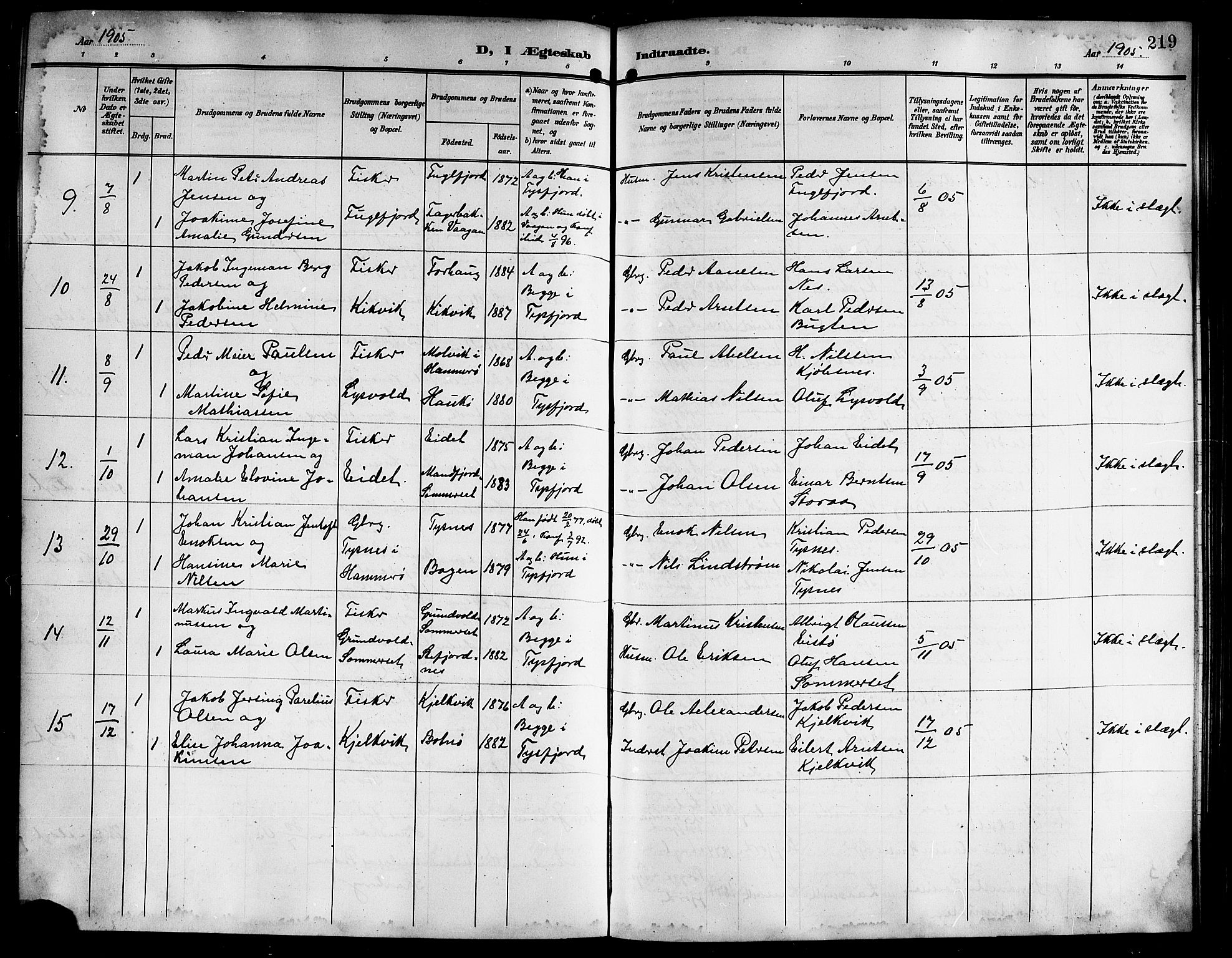 Ministerialprotokoller, klokkerbøker og fødselsregistre - Nordland, AV/SAT-A-1459/861/L0877: Klokkerbok nr. 861C03, 1903-1919, s. 219