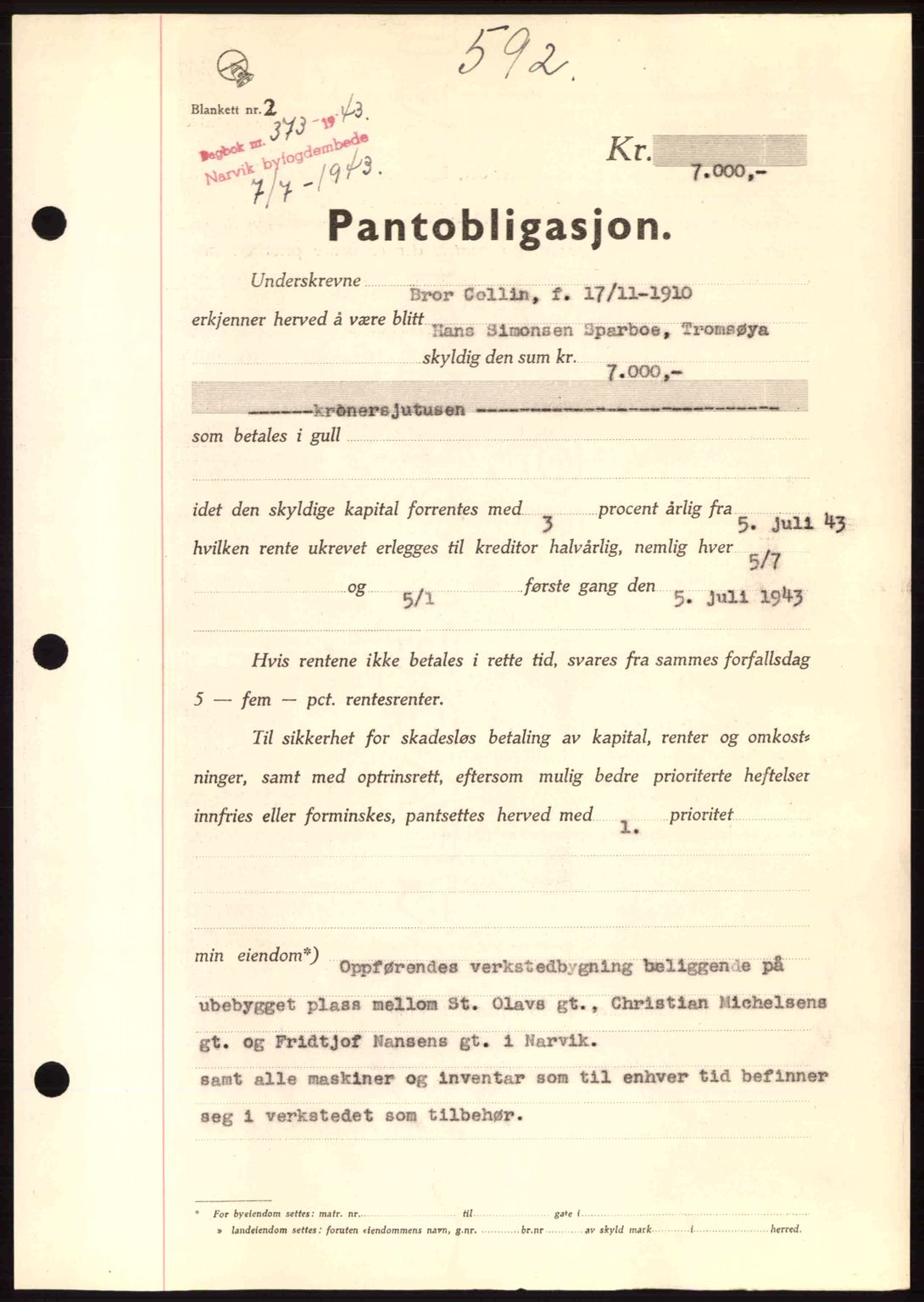 Narvik sorenskriveri, SAT/A-0002/1/2/2C/2Ca: Pantebok nr. A19, 1942-1943, Dagboknr: 373/1943