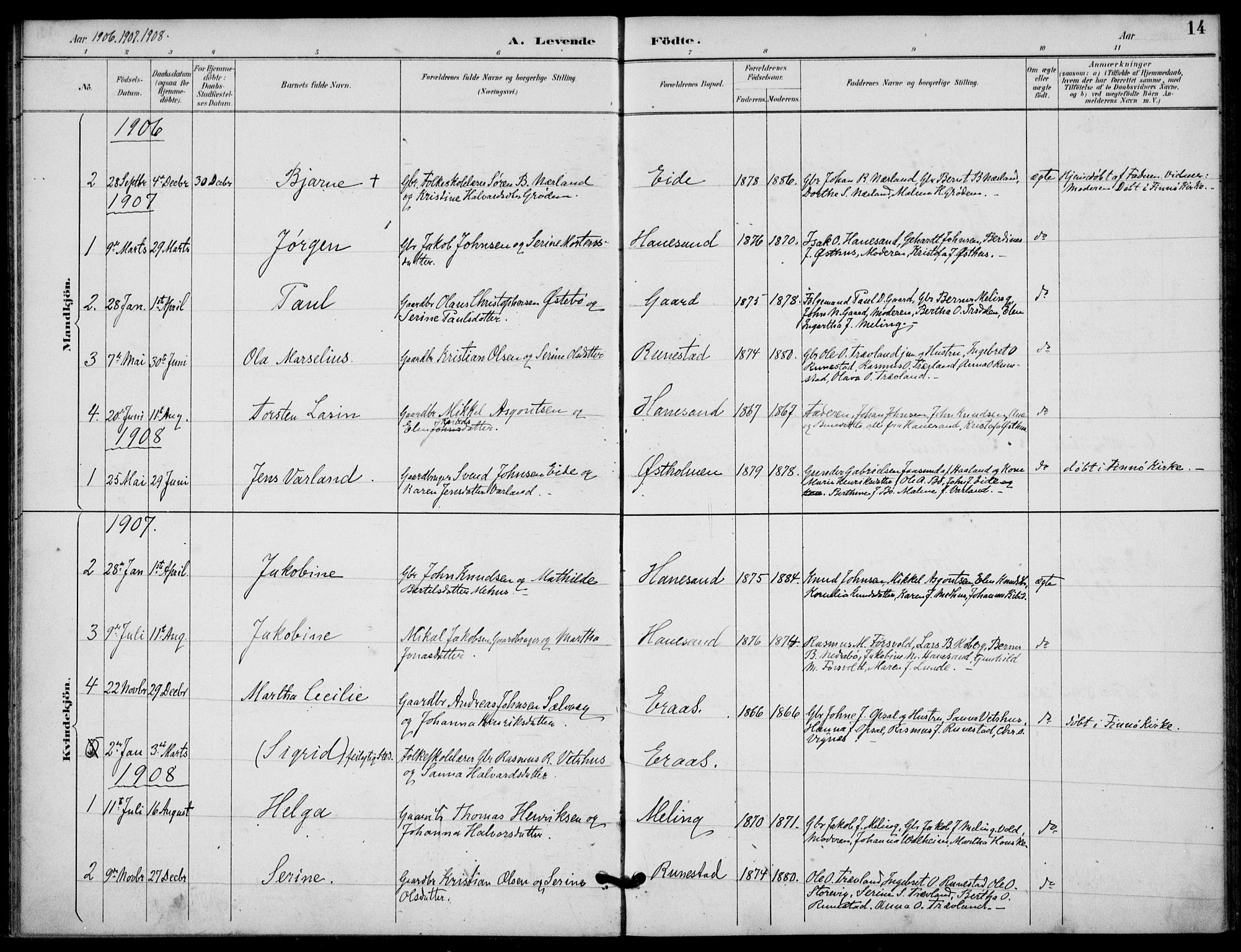 Finnøy sokneprestkontor, AV/SAST-A-101825/H/Ha/Haa/L0012: Ministerialbok nr. A 12, 1889-1917, s. 14