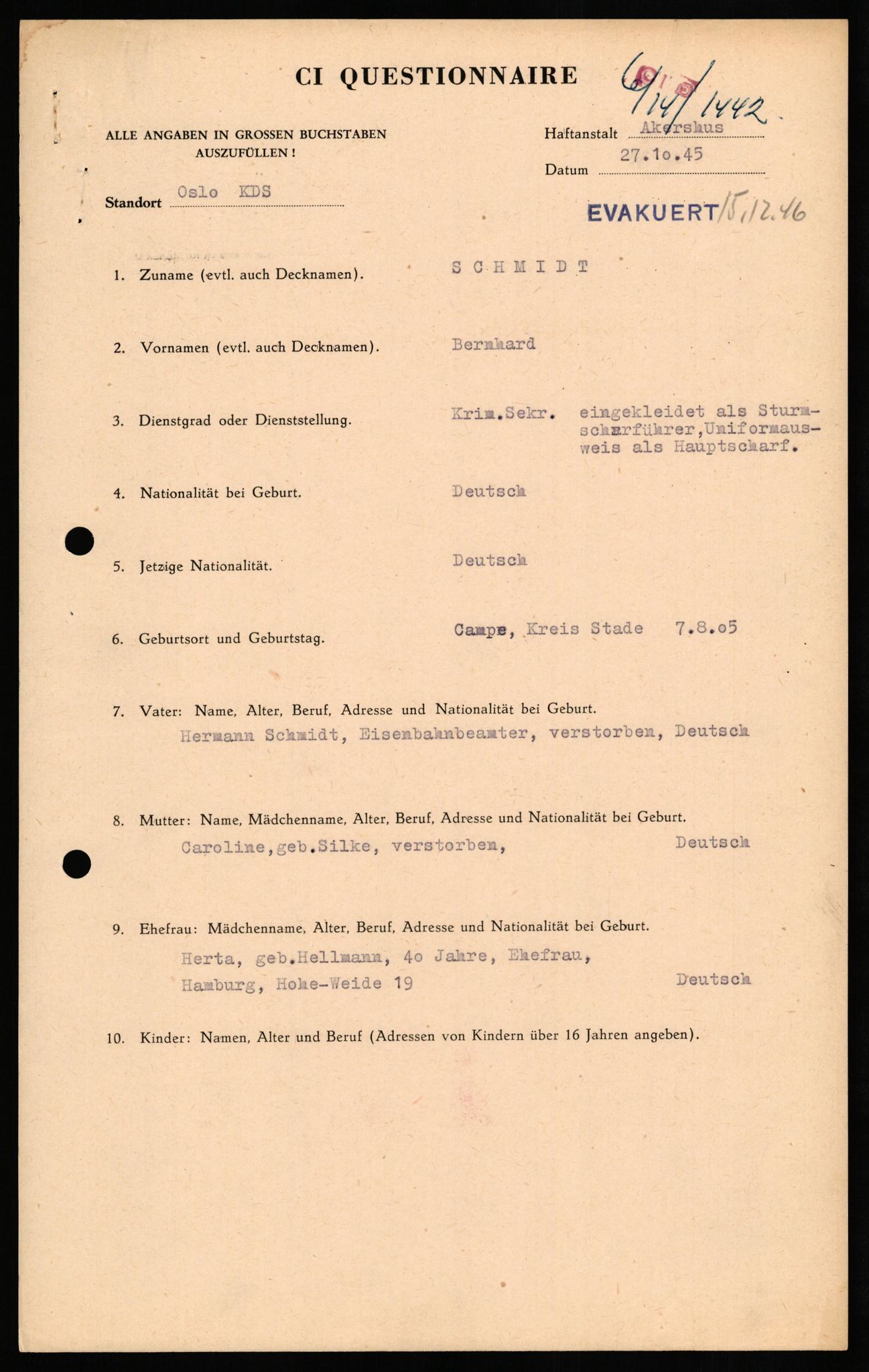 Forsvaret, Forsvarets overkommando II, AV/RA-RAFA-3915/D/Db/L0029: CI Questionaires. Tyske okkupasjonsstyrker i Norge. Tyskere., 1945-1946, s. 366