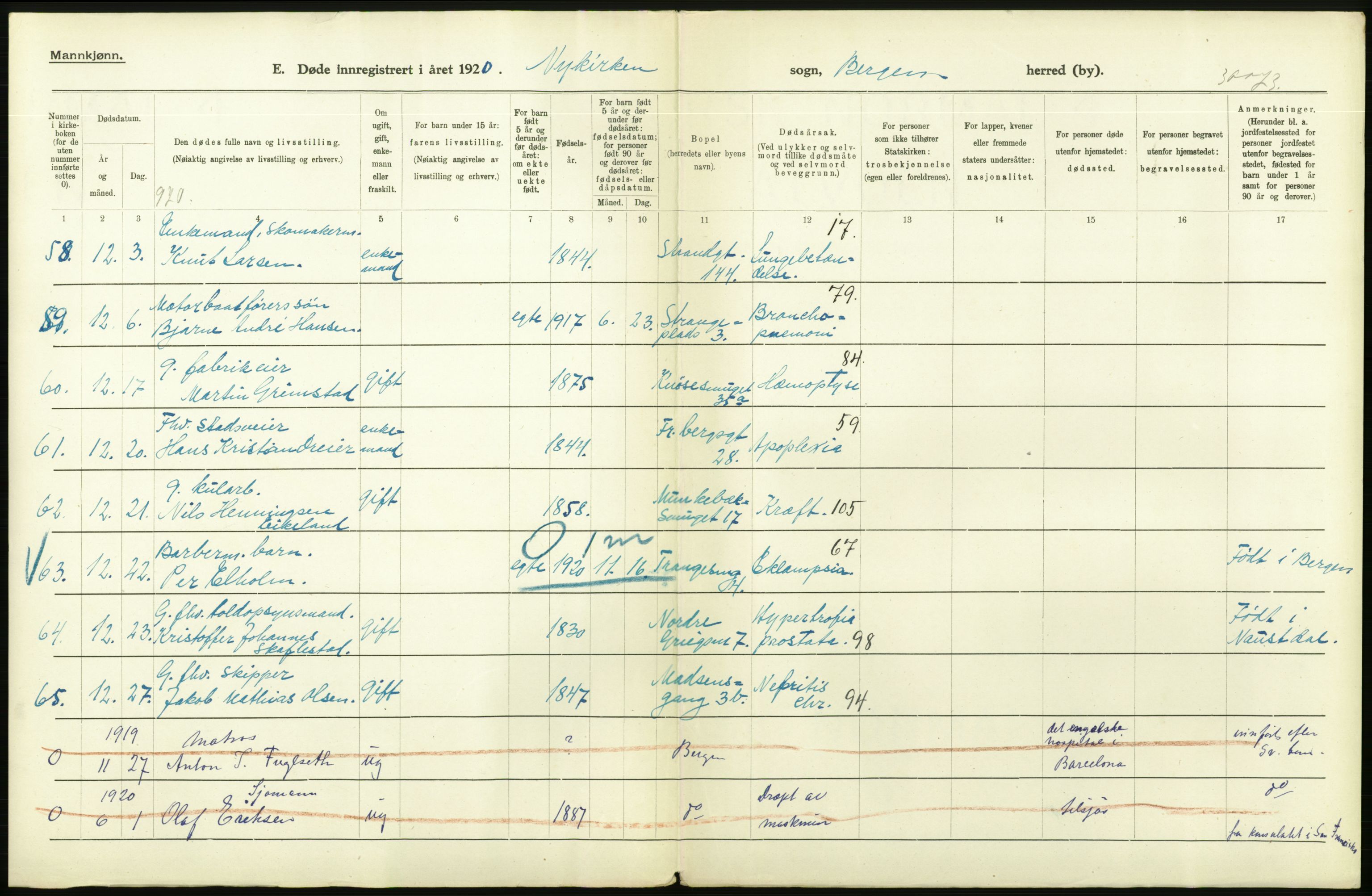 Statistisk sentralbyrå, Sosiodemografiske emner, Befolkning, AV/RA-S-2228/D/Df/Dfb/Dfbj/L0042: Bergen: Gifte, døde, dødfødte., 1920, s. 520