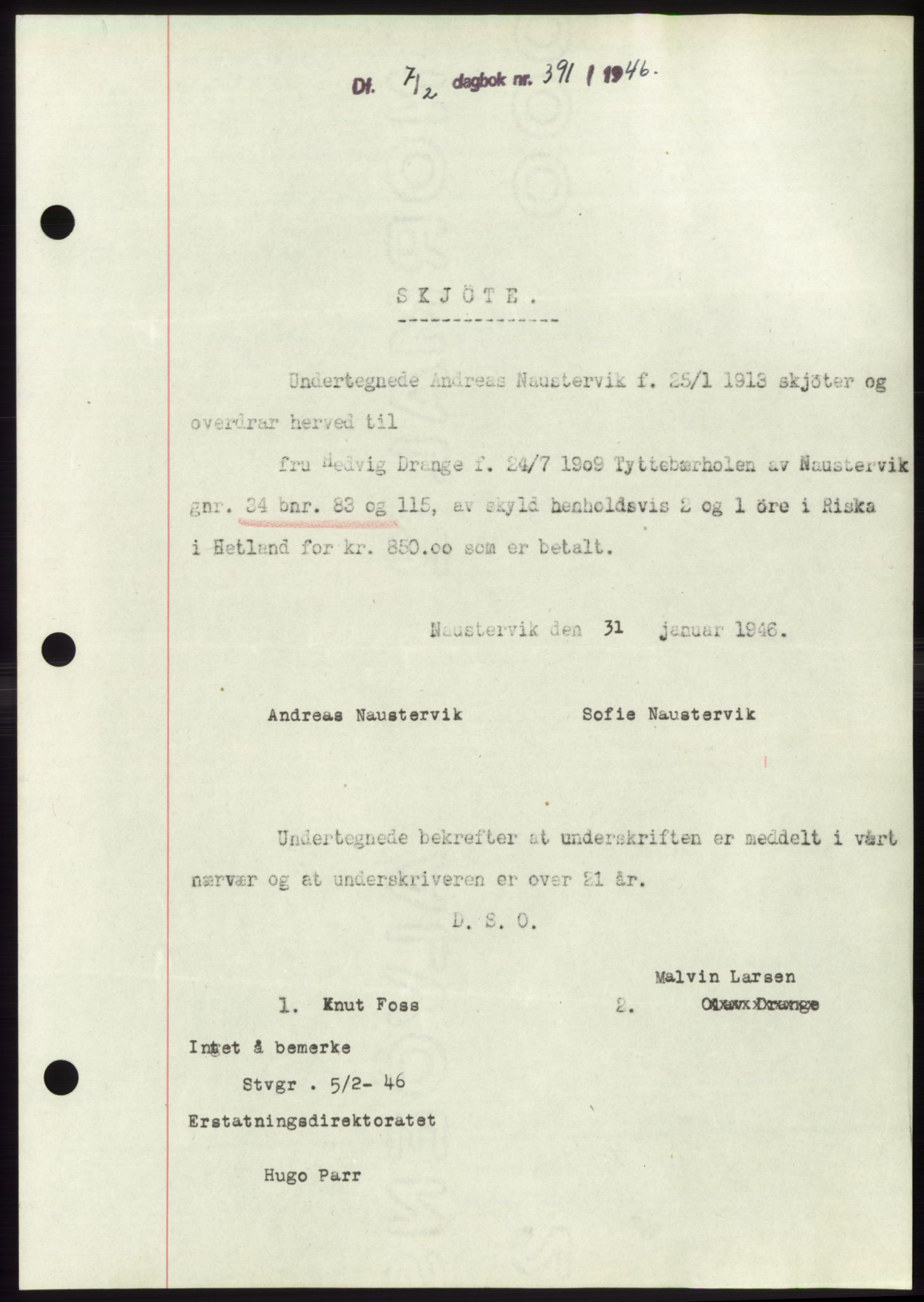 Jæren sorenskriveri, SAST/A-100310/03/G/Gba/L0089: Pantebok, 1946-1946, Dagboknr: 391/1946
