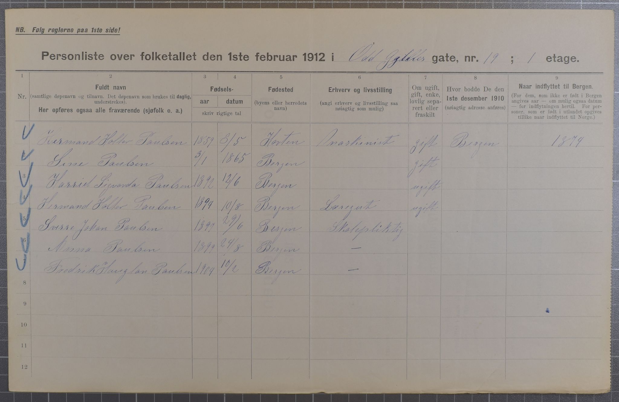 SAB, Kommunal folketelling 1912 for Bergen kjøpstad, 1912, s. 72