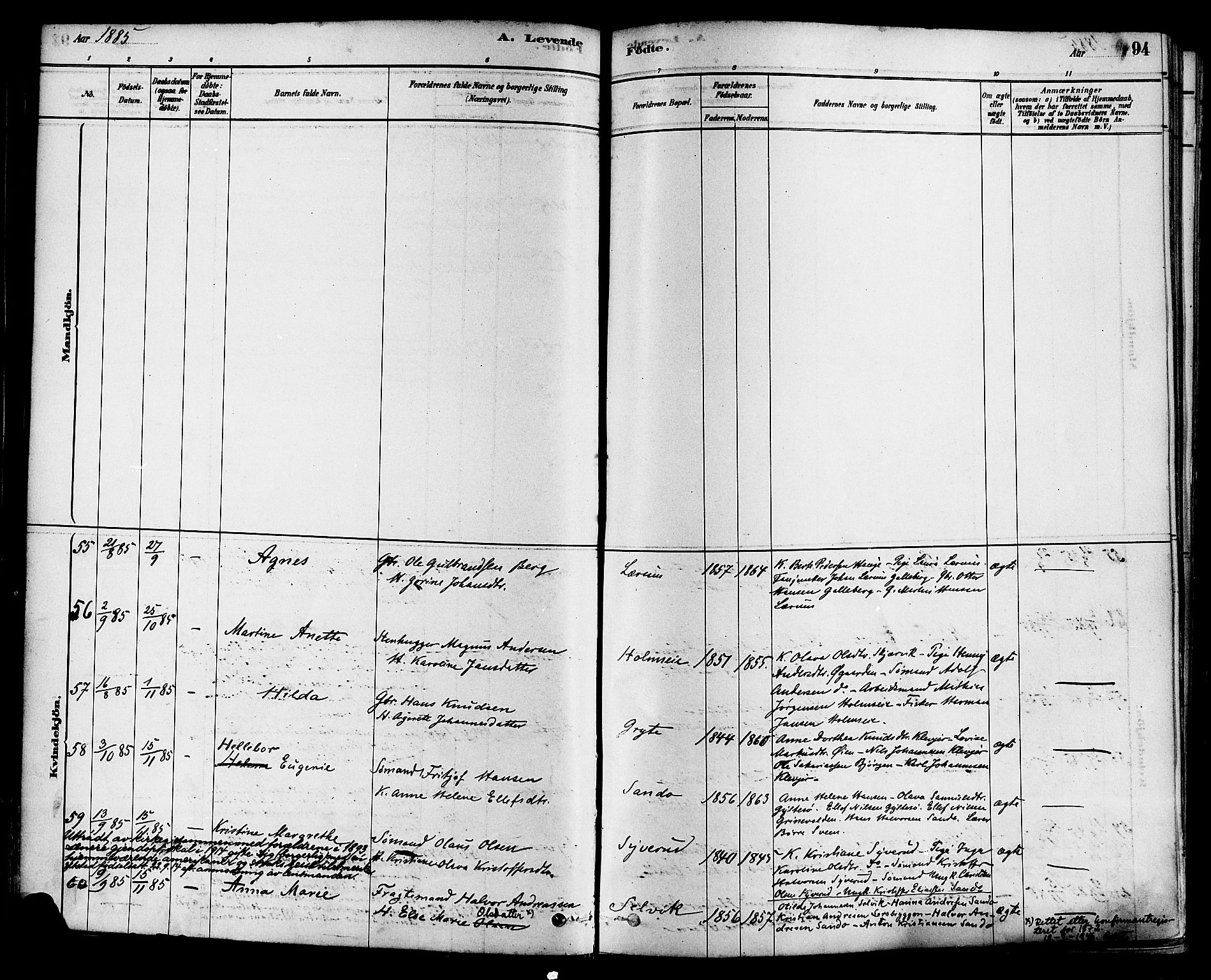 Sande Kirkebøker, AV/SAKO-A-53/F/Fa/L0006: Ministerialbok nr. 6, 1878-1888, s. 94