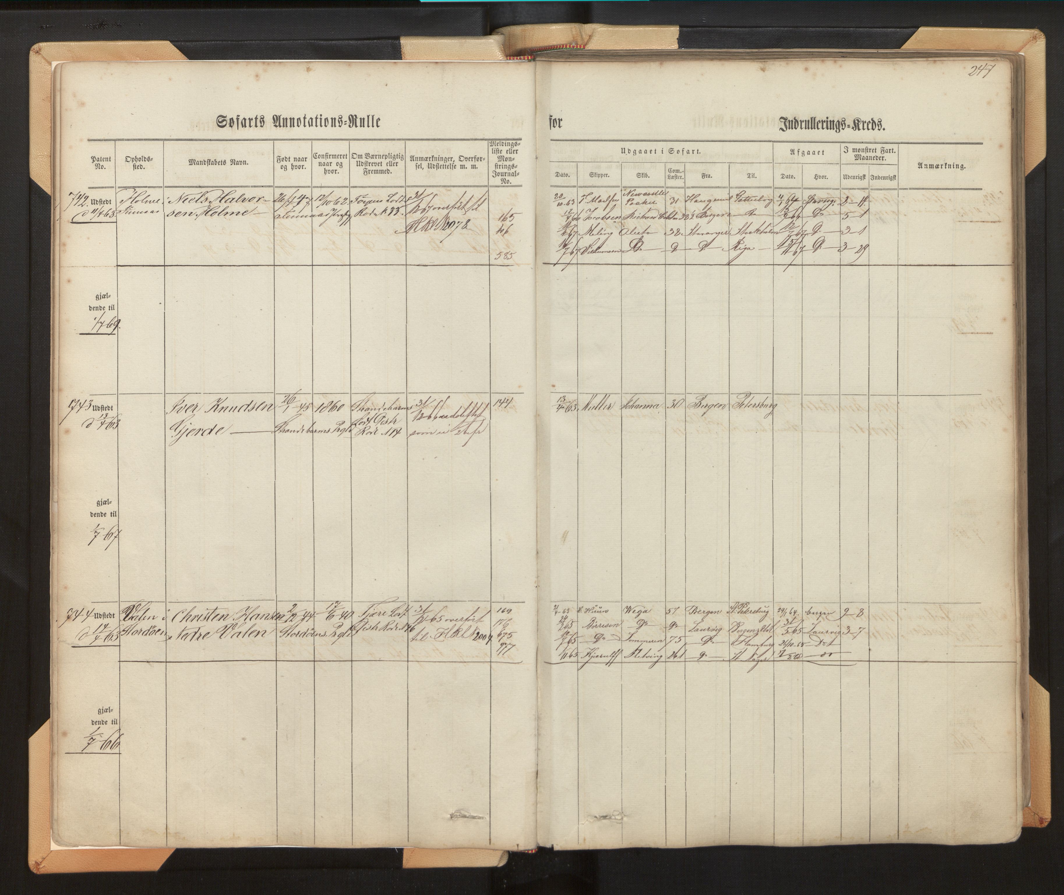 Innrulleringssjefen i Bergen, SAB/A-100050/F/Fh/L0006: Sjøfarts- og annotasjonsrulle for Bergen krets, fol. 239 - ut, 1860-1867, s. 247