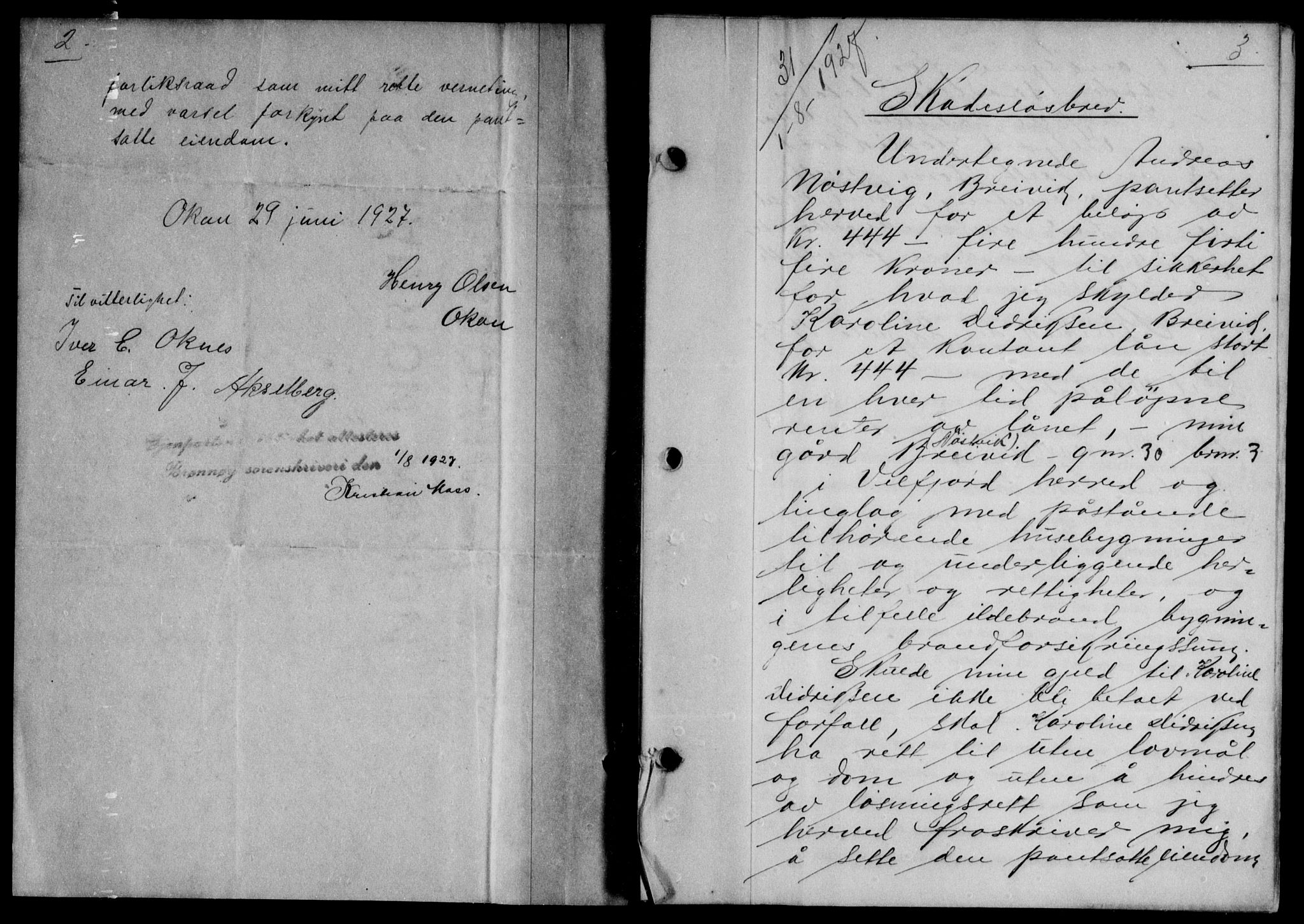 Brønnøy sorenskriveri, SAT/A-4170/1/2/2C/L0006: Pantebok nr. 6, 1927-1928, s. 2-3, Tingl.dato: 01.08.1927