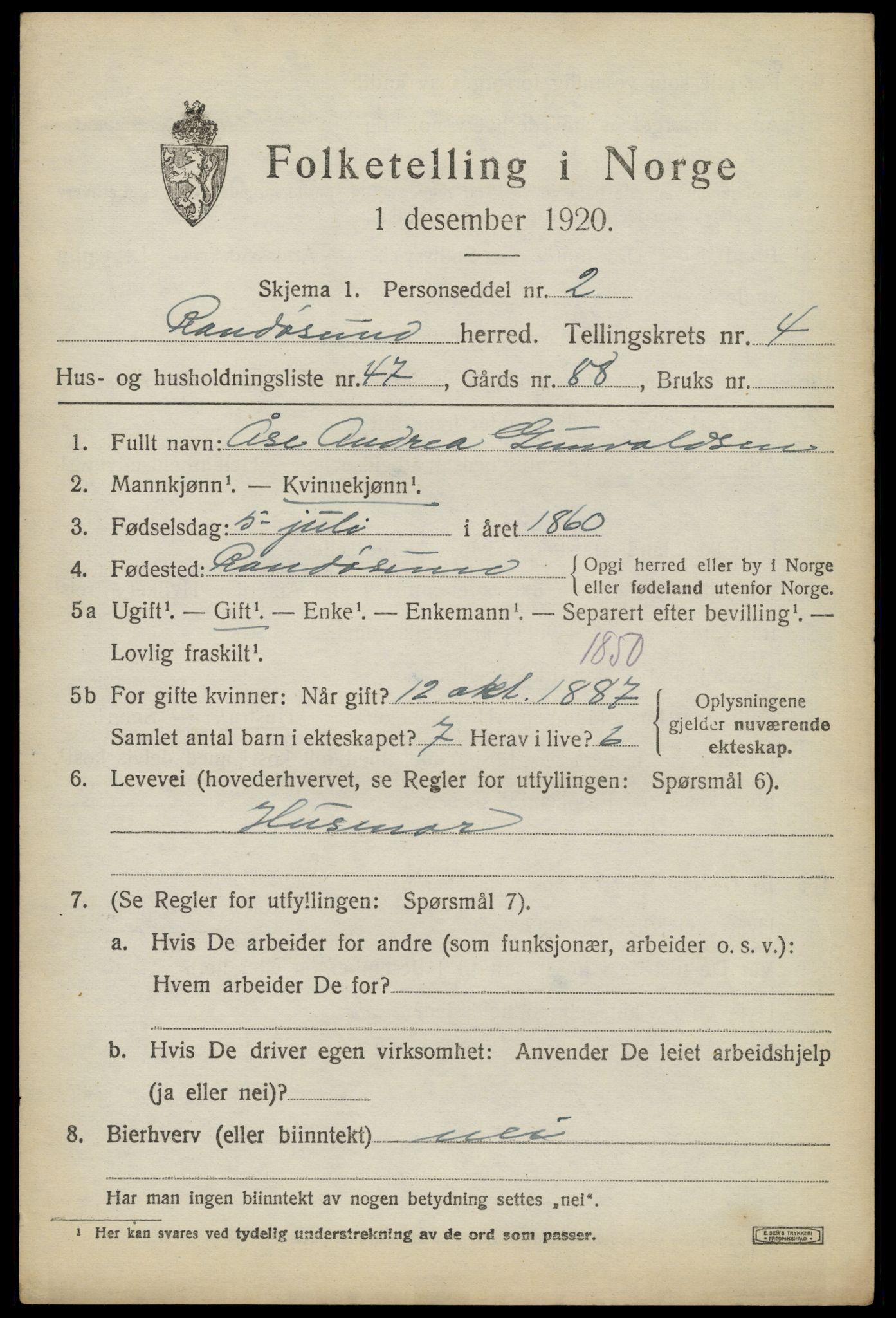 SAK, Folketelling 1920 for 1011 Randesund herred, 1920, s. 2274
