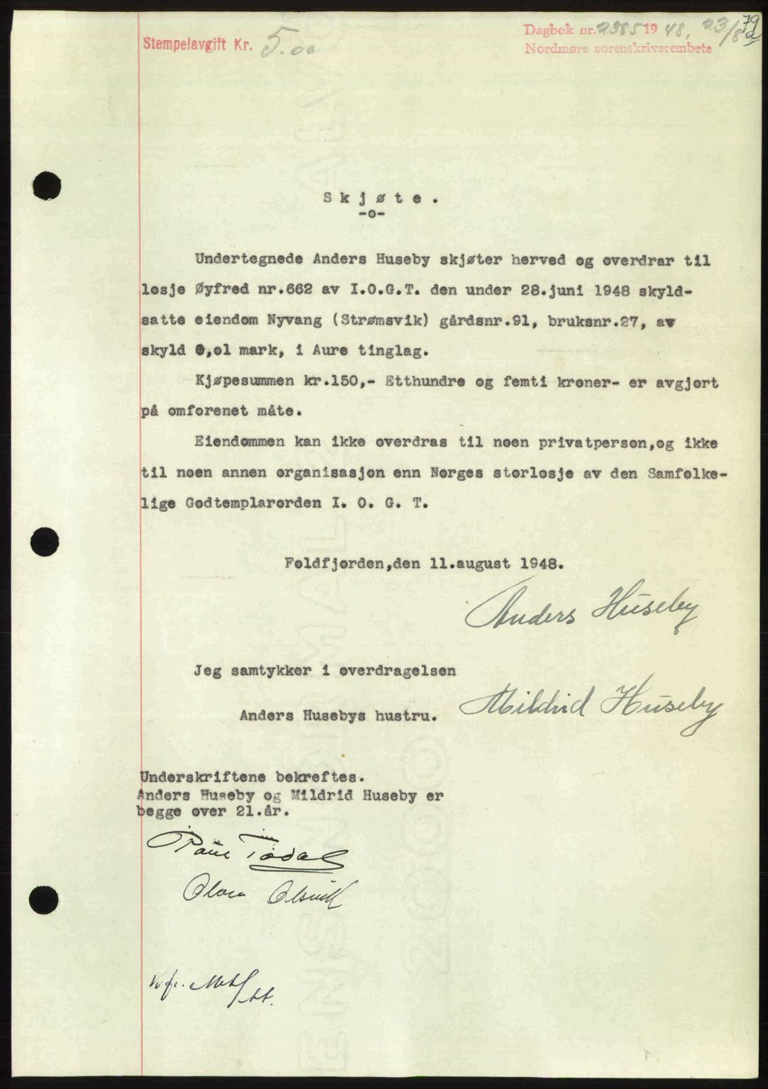 Nordmøre sorenskriveri, AV/SAT-A-4132/1/2/2Ca: Pantebok nr. A109, 1948-1948, Dagboknr: 2385/1948