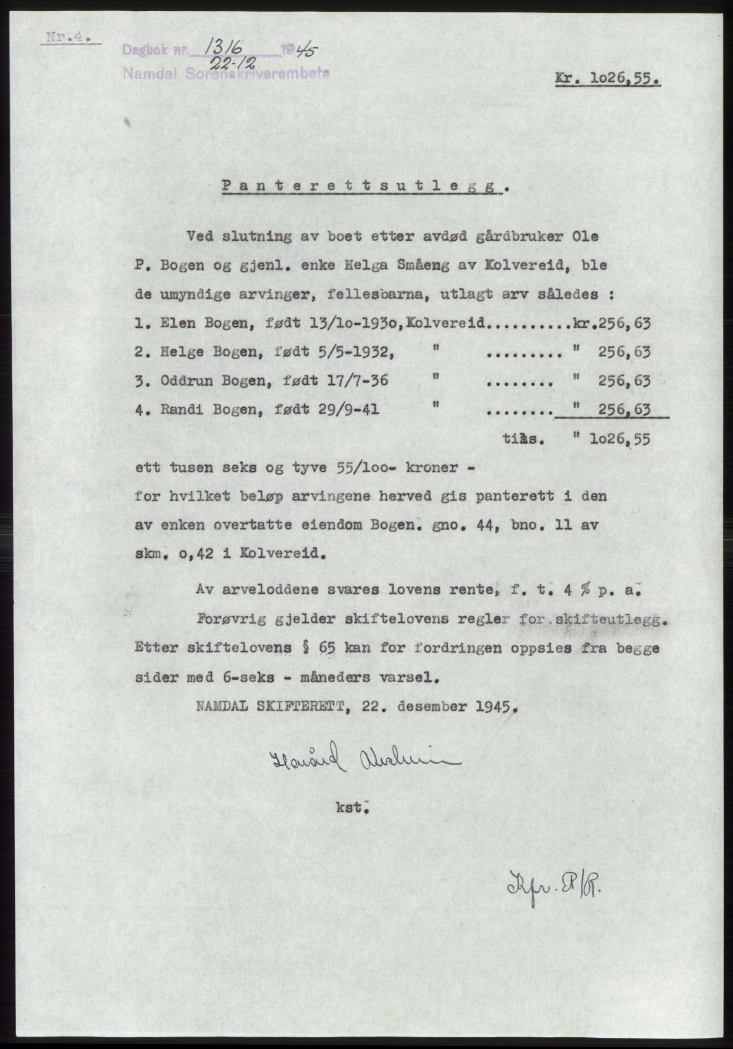 Namdal sorenskriveri, SAT/A-4133/1/2/2C: Pantebok nr. -, 1944-1945, Dagboknr: 1316/1945