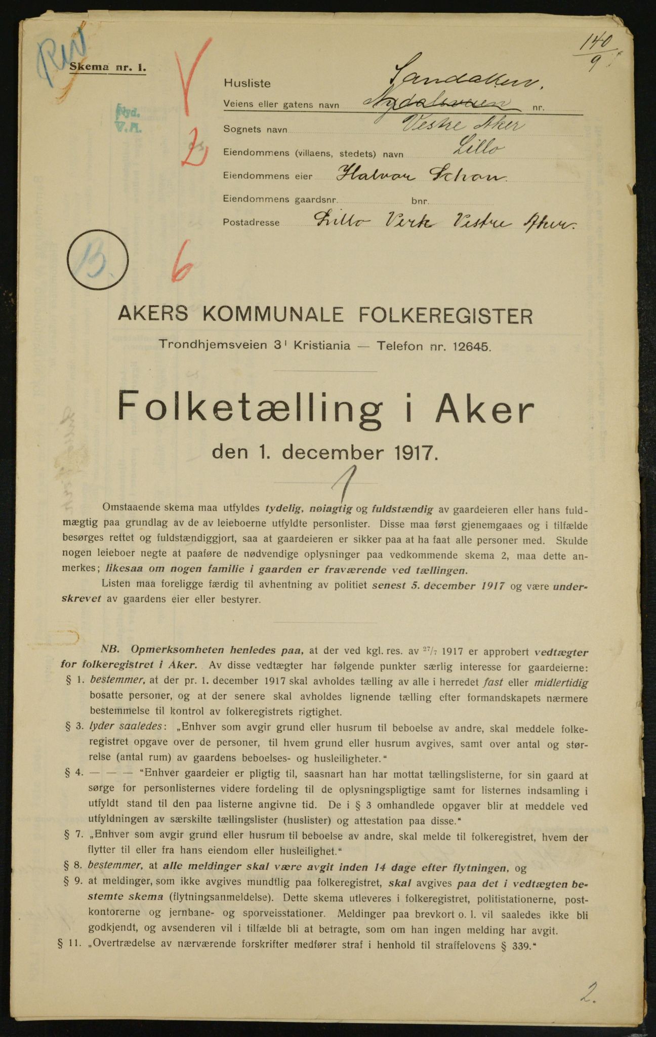 OBA, Kommunal folketelling 1.12.1917 for Aker, 1917, s. 13458