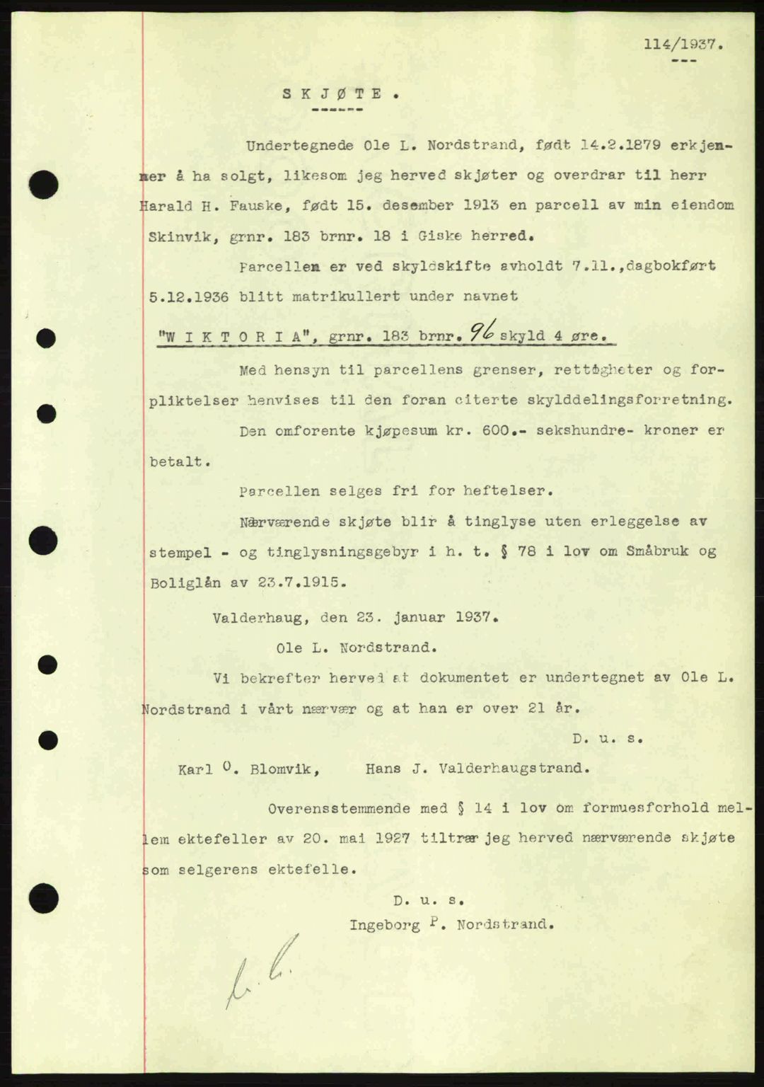 Nordre Sunnmøre sorenskriveri, SAT/A-0006/1/2/2C/2Ca: Pantebok nr. A2, 1936-1937, Dagboknr: 114/1937