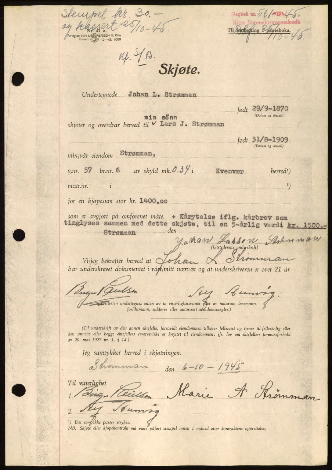 Hitra sorenskriveri, AV/SAT-A-0018/2/2C/2Ca: Pantebok nr. A2, 1943-1945, Dagboknr: 561/1945