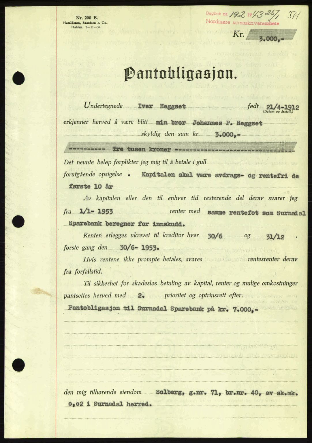 Nordmøre sorenskriveri, SAT/A-4132/1/2/2Ca: Pantebok nr. B90, 1942-1943, Dagboknr: 192/1943