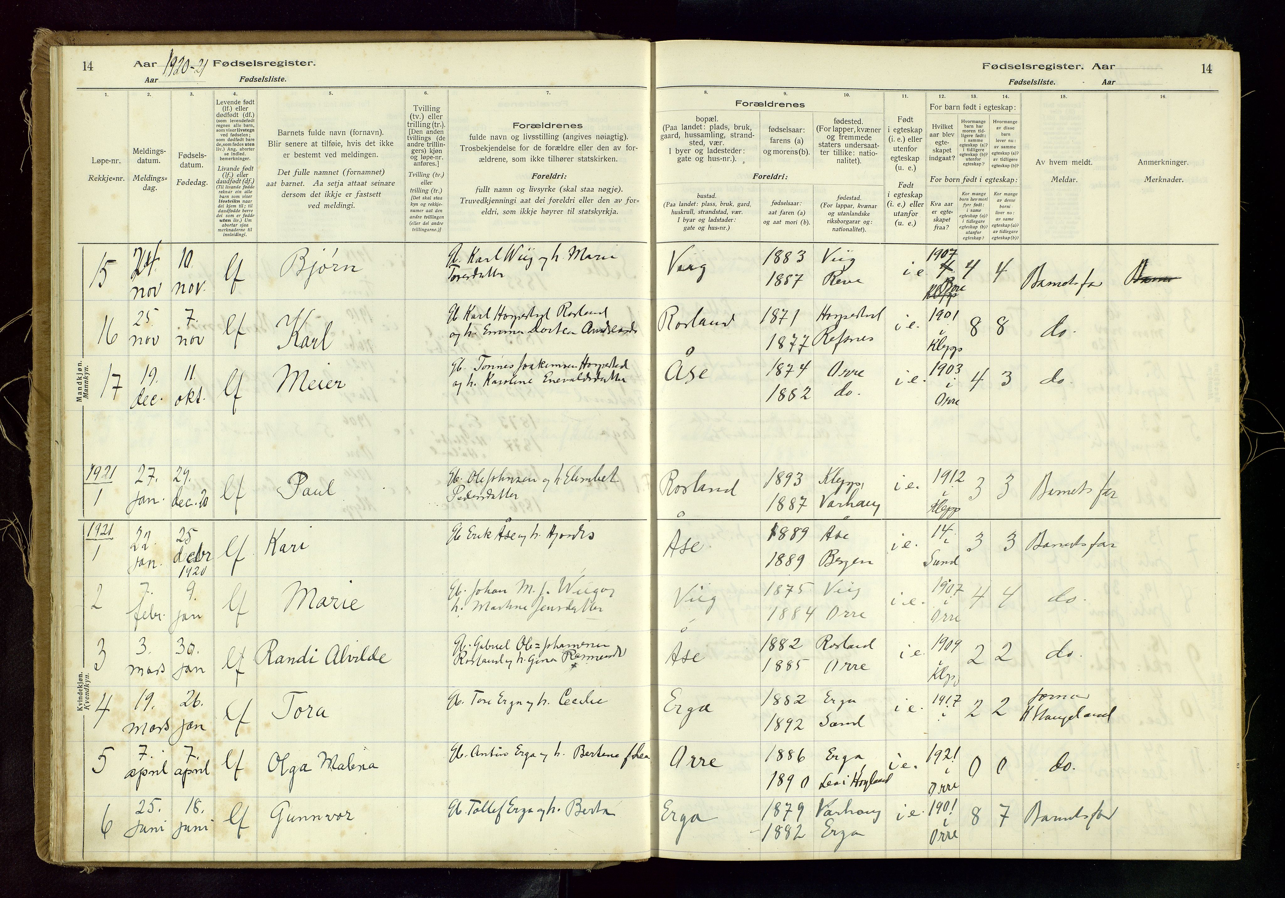 Klepp sokneprestkontor, SAST/A-101803/001/704BAC/L0001: Fødselsregister nr. 1, 1916-1982, s. 14