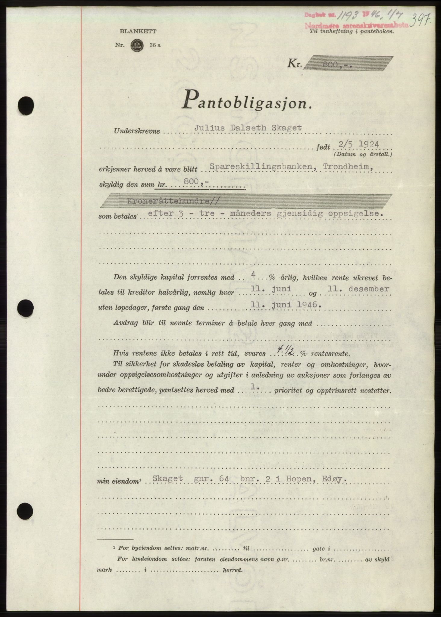 Nordmøre sorenskriveri, SAT/A-4132/1/2/2Ca: Pantebok nr. B94, 1946-1946, Dagboknr: 1193/1946