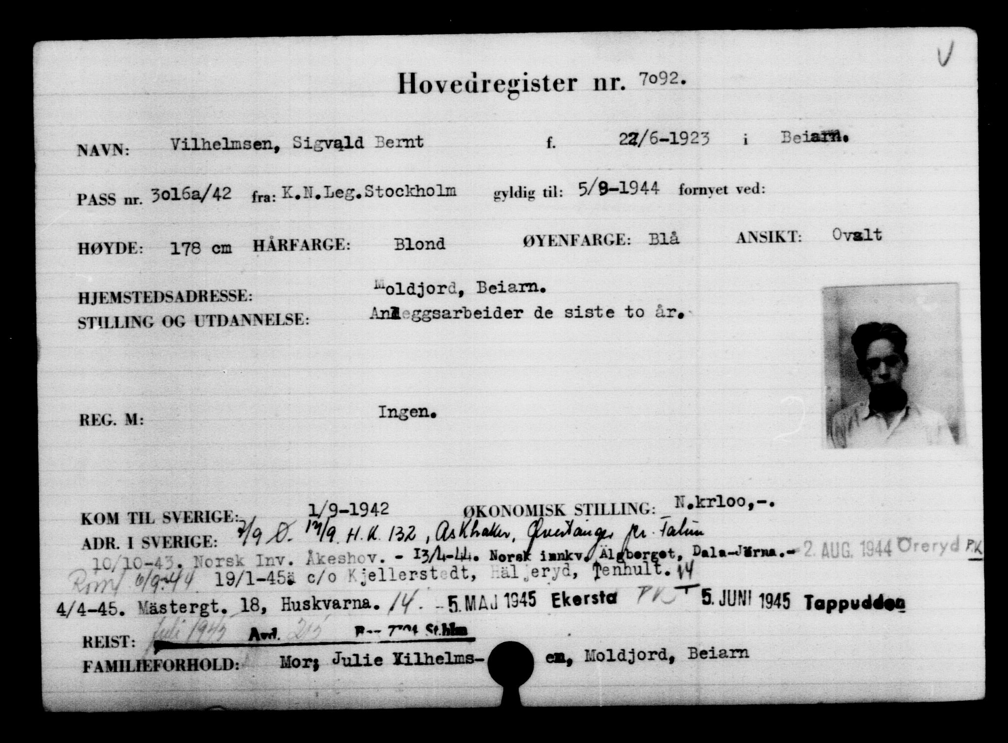 Utenriksstasjonene, Legasjonen i Stockholm, Flyktningkontoret, AV/RA-S-6753/V/Va/L0005: Kjesäterkartoteket, flyktninger med registreringsnr. 6600-9417, 1940-1945, s. 592