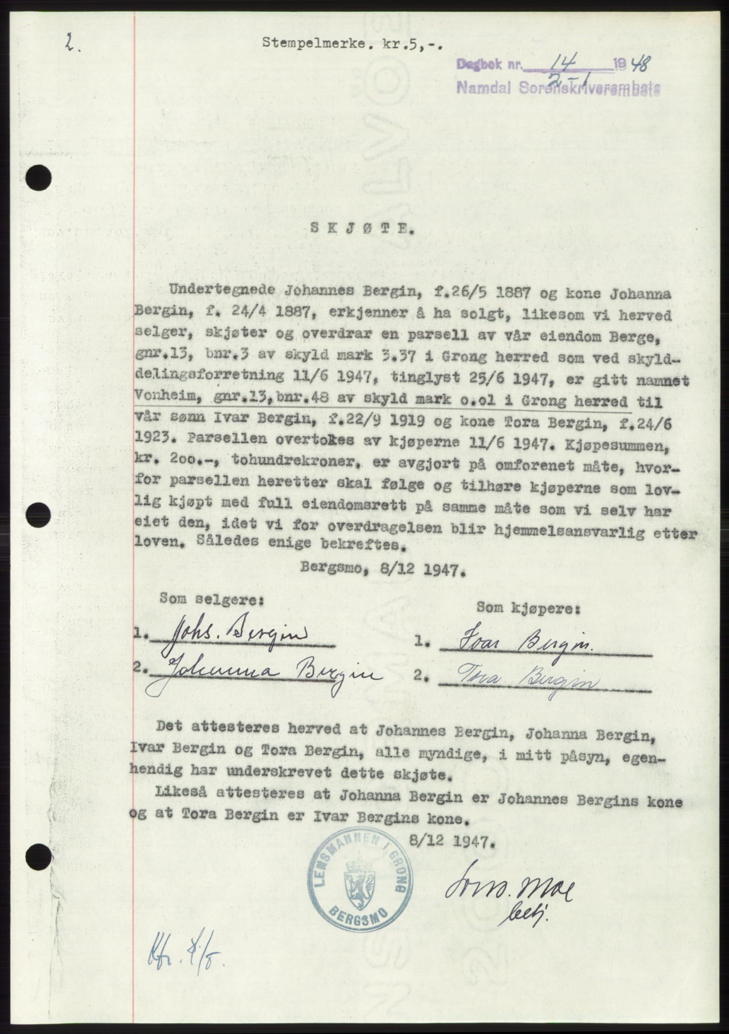 Namdal sorenskriveri, SAT/A-4133/1/2/2C: Pantebok nr. -, 1947-1948, Dagboknr: 14/1948