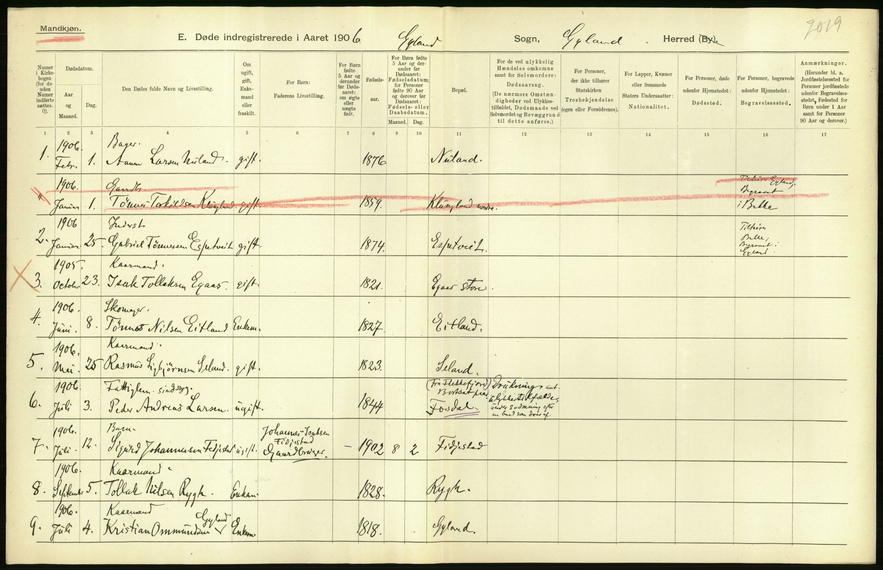 Statistisk sentralbyrå, Sosiodemografiske emner, Befolkning, AV/RA-S-2228/D/Df/Dfa/Dfad/L0024: Lister og Mandals amt: Gifte, døde, dødfødte. Bygder og byer., 1906, s. 146