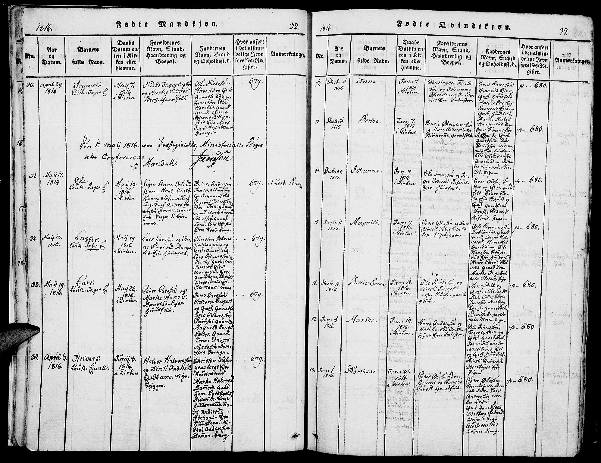 Romedal prestekontor, SAH/PREST-004/K/L0002: Ministerialbok nr. 2, 1814-1828, s. 32-33