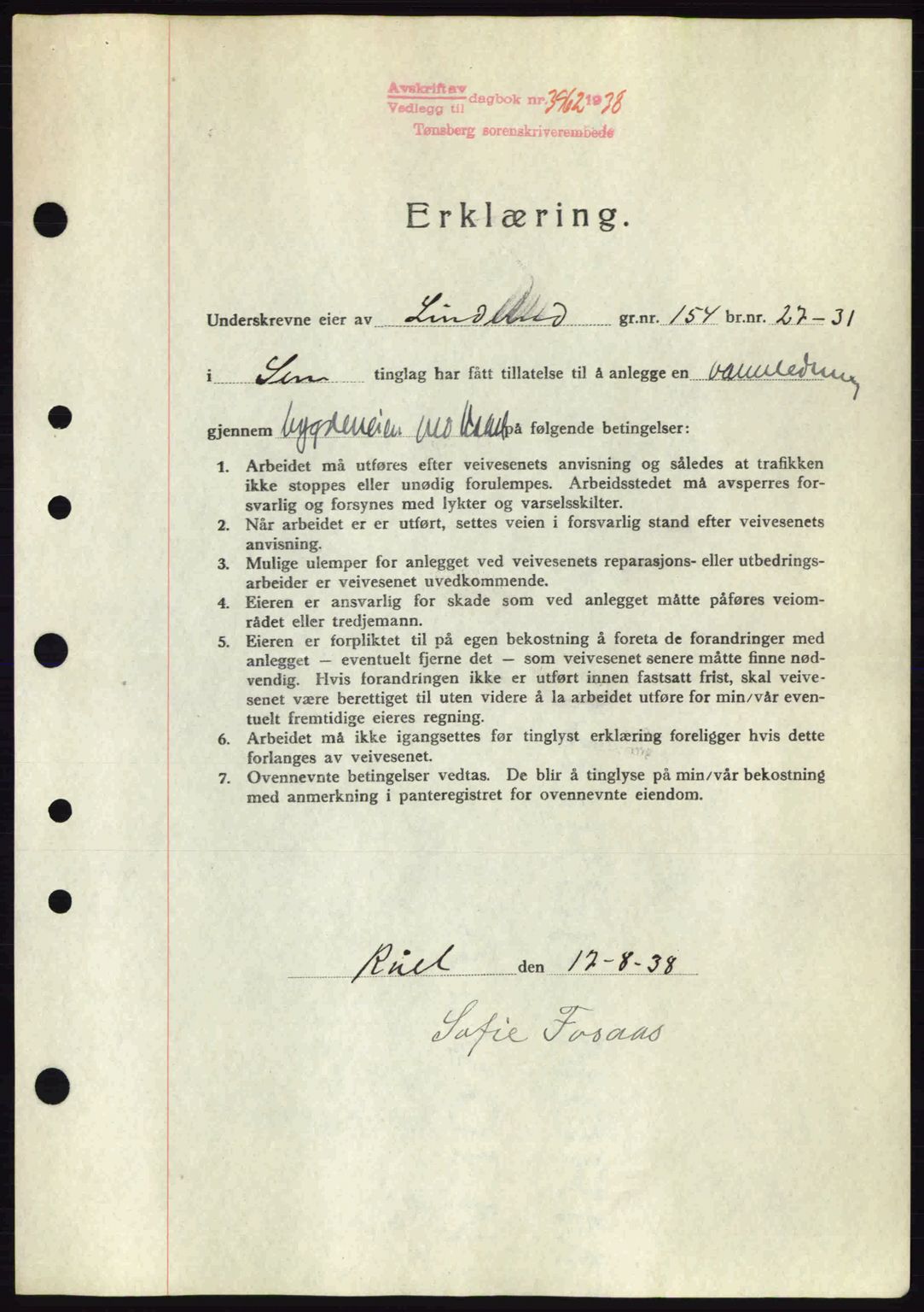 Jarlsberg sorenskriveri, SAKO/A-131/G/Ga/Gaa/L0006: Pantebok nr. A-6, 1938-1939, Dagboknr: 3962/1938