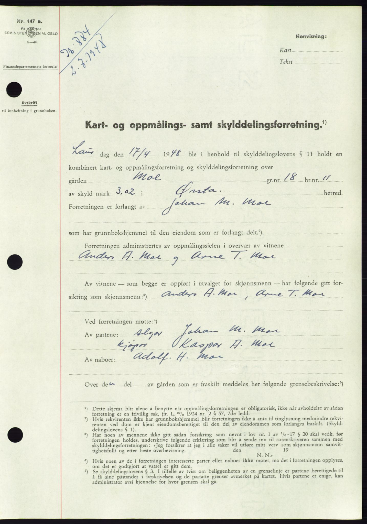 Søre Sunnmøre sorenskriveri, SAT/A-4122/1/2/2C/L0082: Pantebok nr. 8A, 1948-1948, Dagboknr: 884/1948