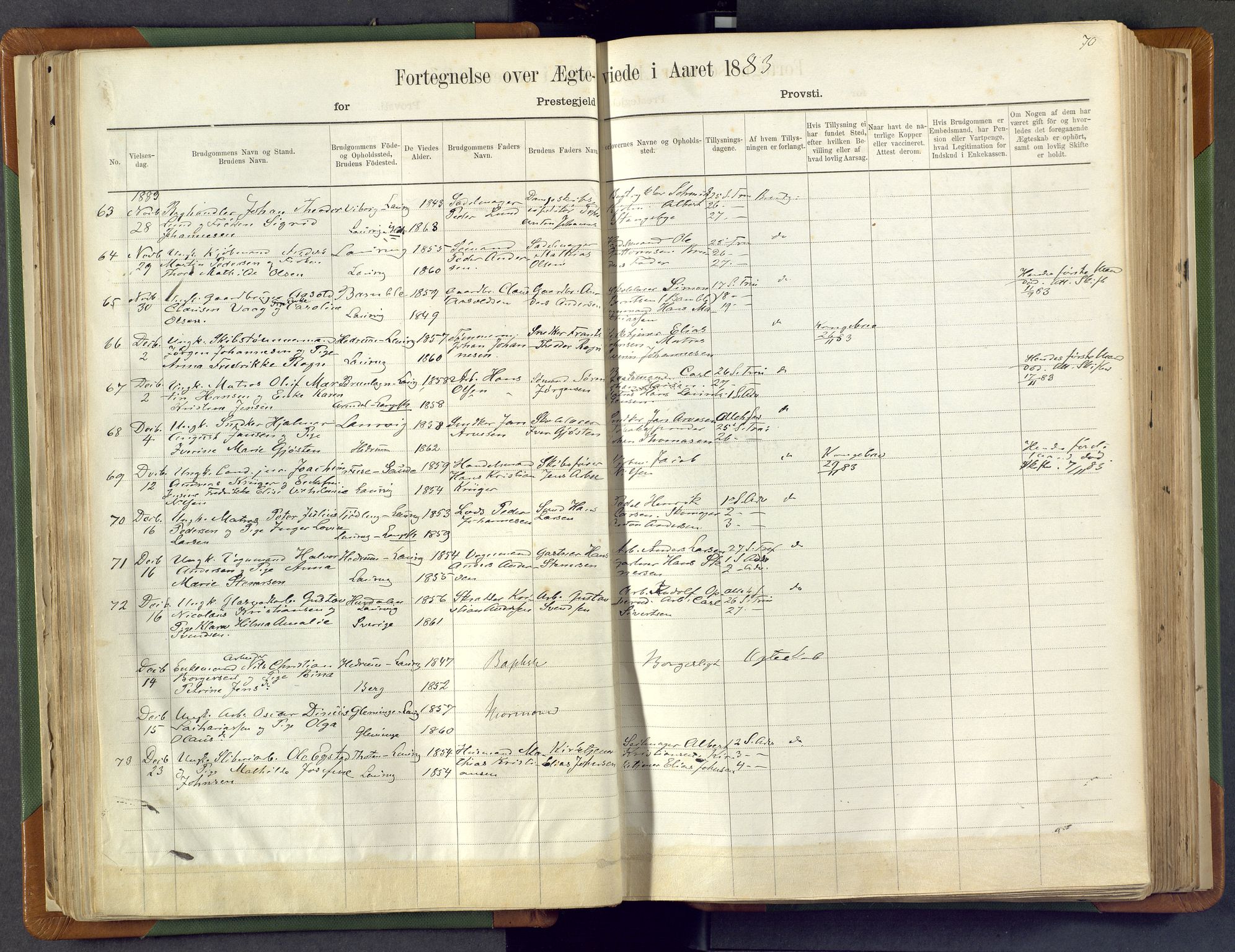 Larvik kirkebøker, AV/SAKO-A-352/F/Fa/L0007: Ministerialbok nr. I 7, 1871-1883, s. 70