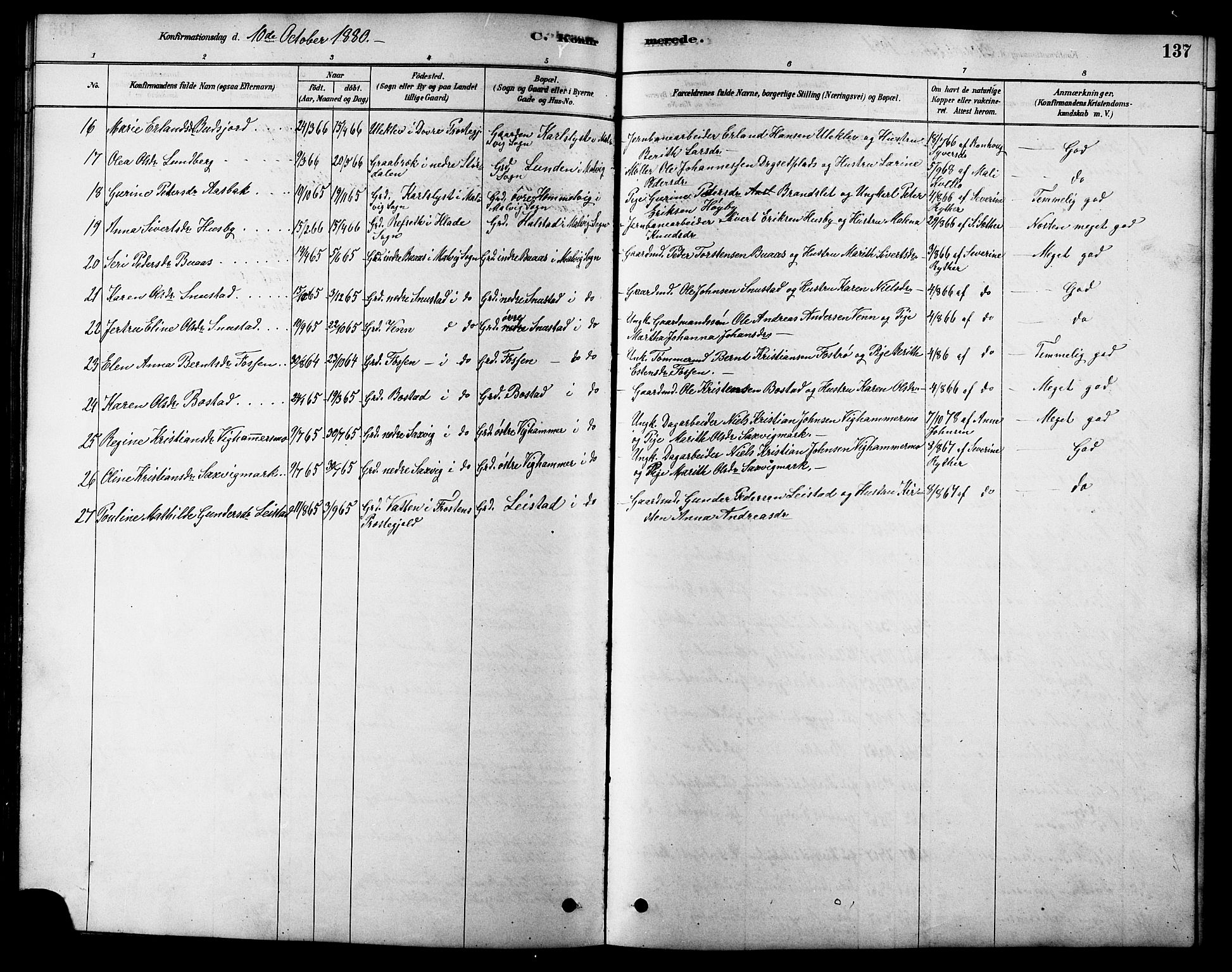 Ministerialprotokoller, klokkerbøker og fødselsregistre - Sør-Trøndelag, SAT/A-1456/616/L0423: Klokkerbok nr. 616C06, 1878-1903, s. 137