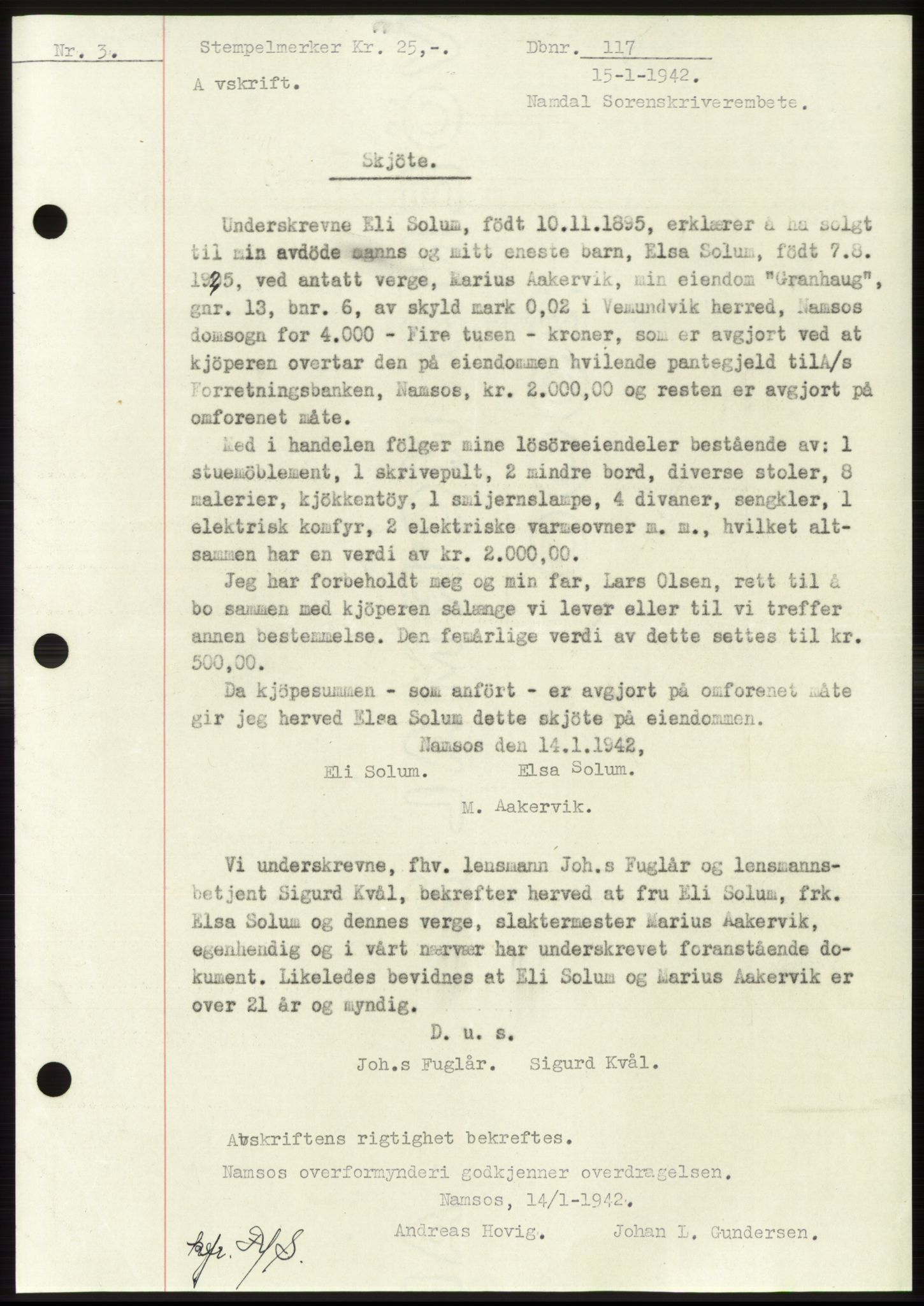 Namdal sorenskriveri, SAT/A-4133/1/2/2C: Pantebok nr. -, 1941-1942, Dagboknr: 117/1942