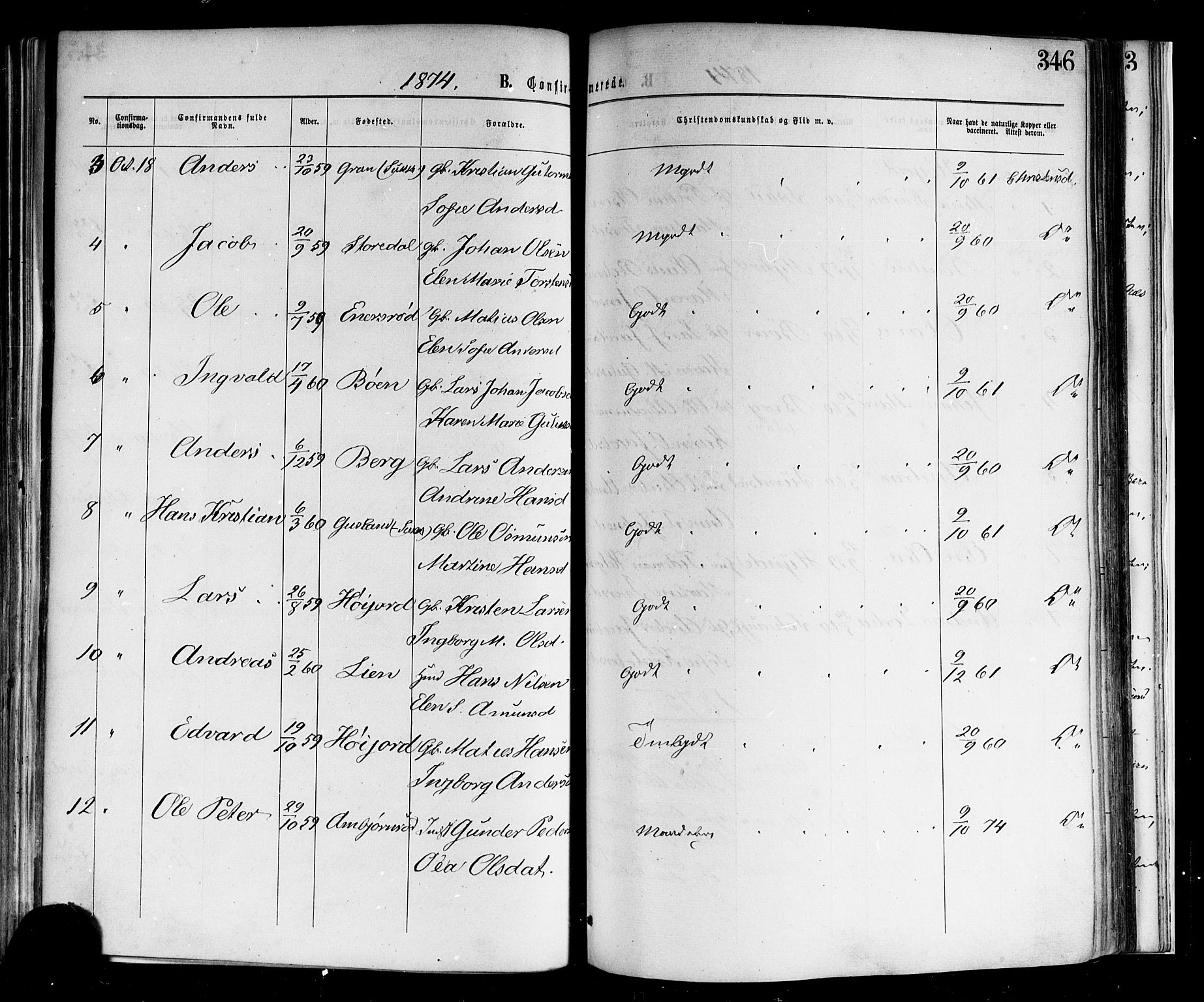 Andebu kirkebøker, AV/SAKO-A-336/F/Fa/L0006: Ministerialbok nr. I 6, 1871-1878, s. 346