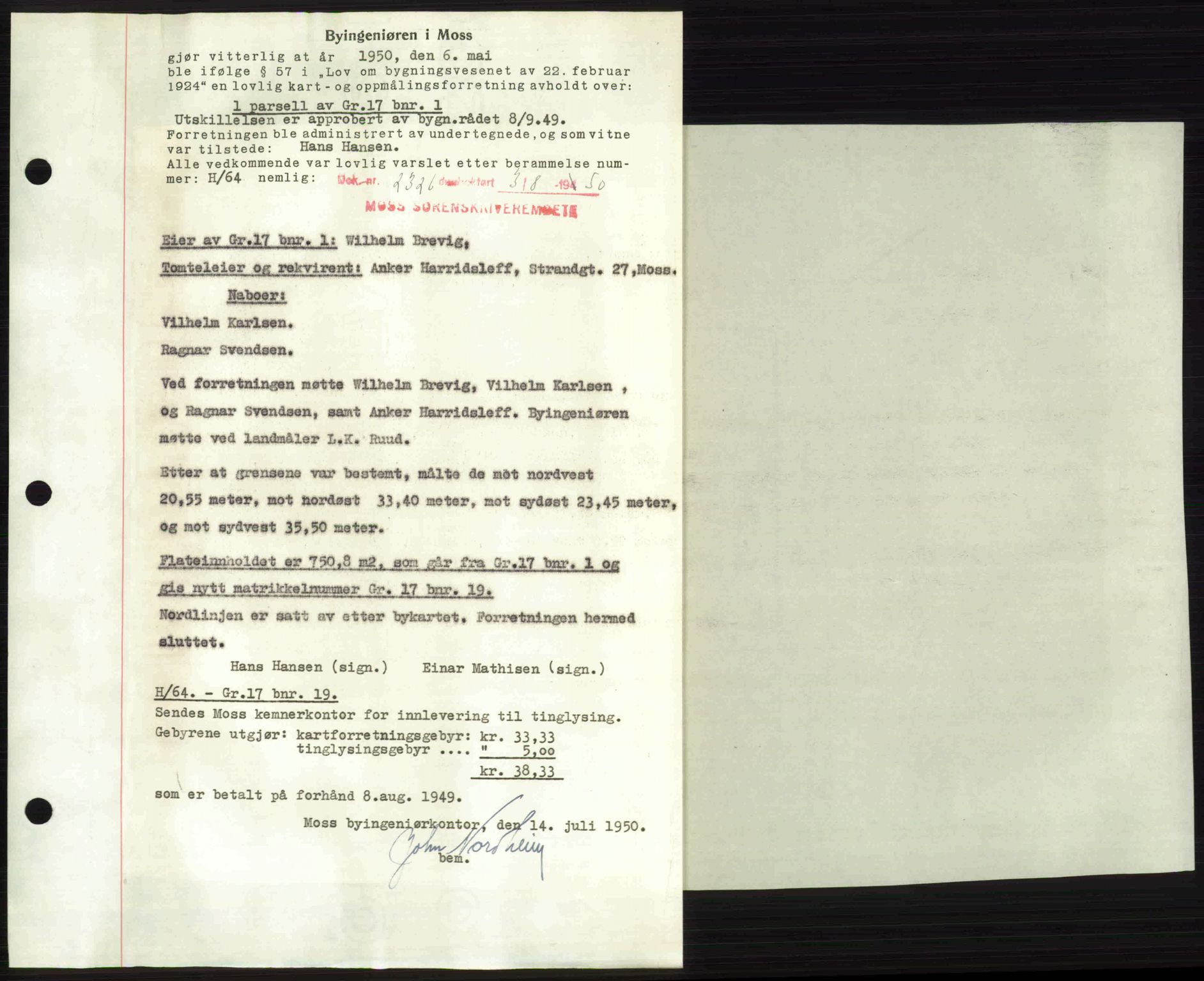 Moss sorenskriveri, SAO/A-10168: Pantebok nr. A26, 1950-1950, Dagboknr: 2326/1950