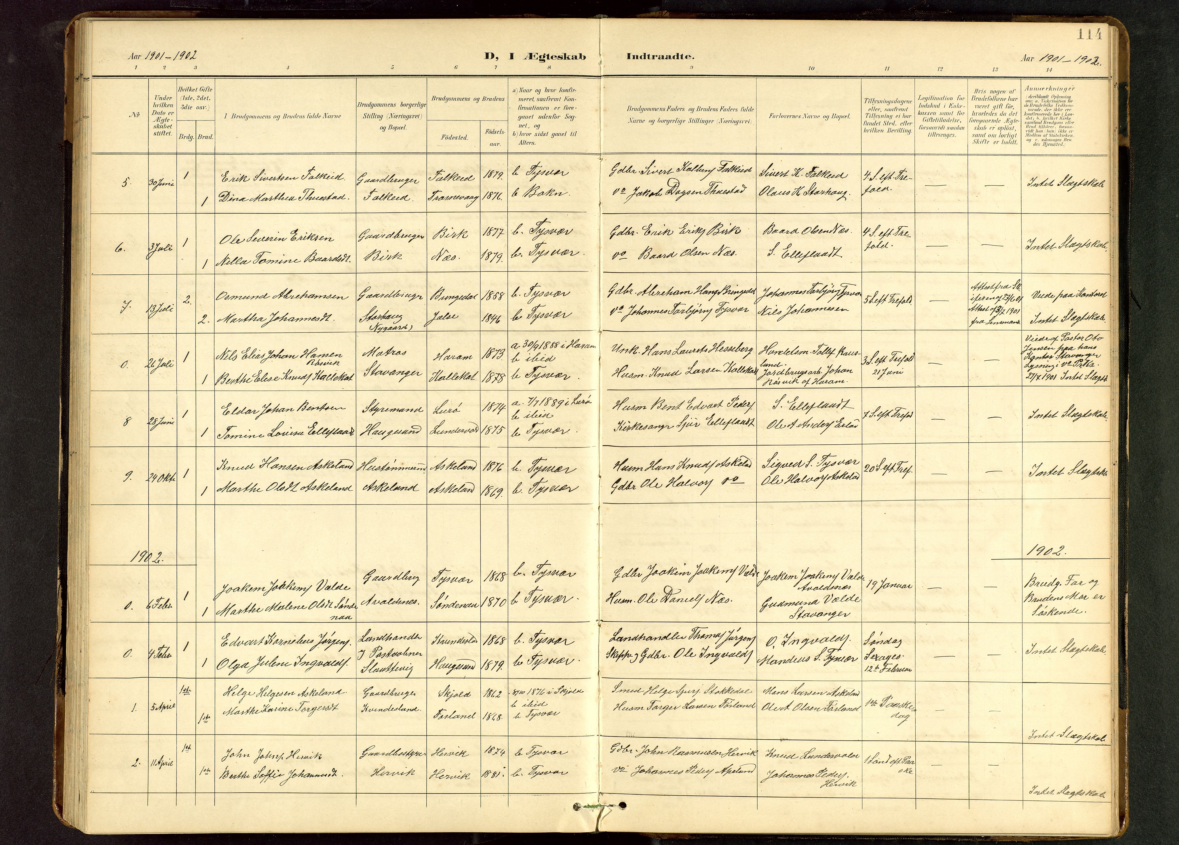 Tysvær sokneprestkontor, AV/SAST-A -101864/H/Ha/Hab/L0010: Klokkerbok nr. B 10, 1897-1912, s. 114