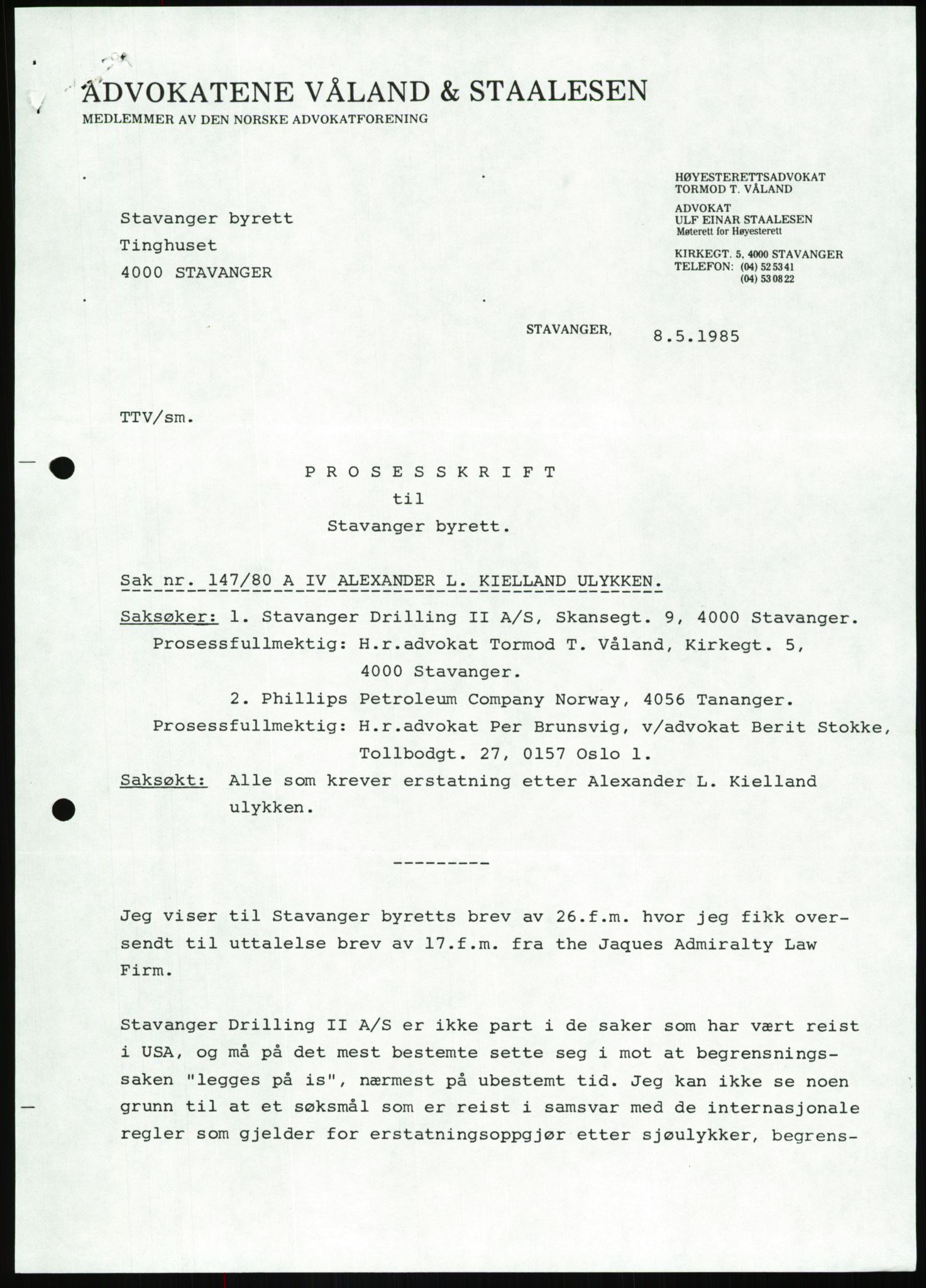 Pa 1503 - Stavanger Drilling AS, AV/SAST-A-101906/Da/L0001: Alexander L. Kielland - Begrensningssak Stavanger byrett, 1986, s. 313