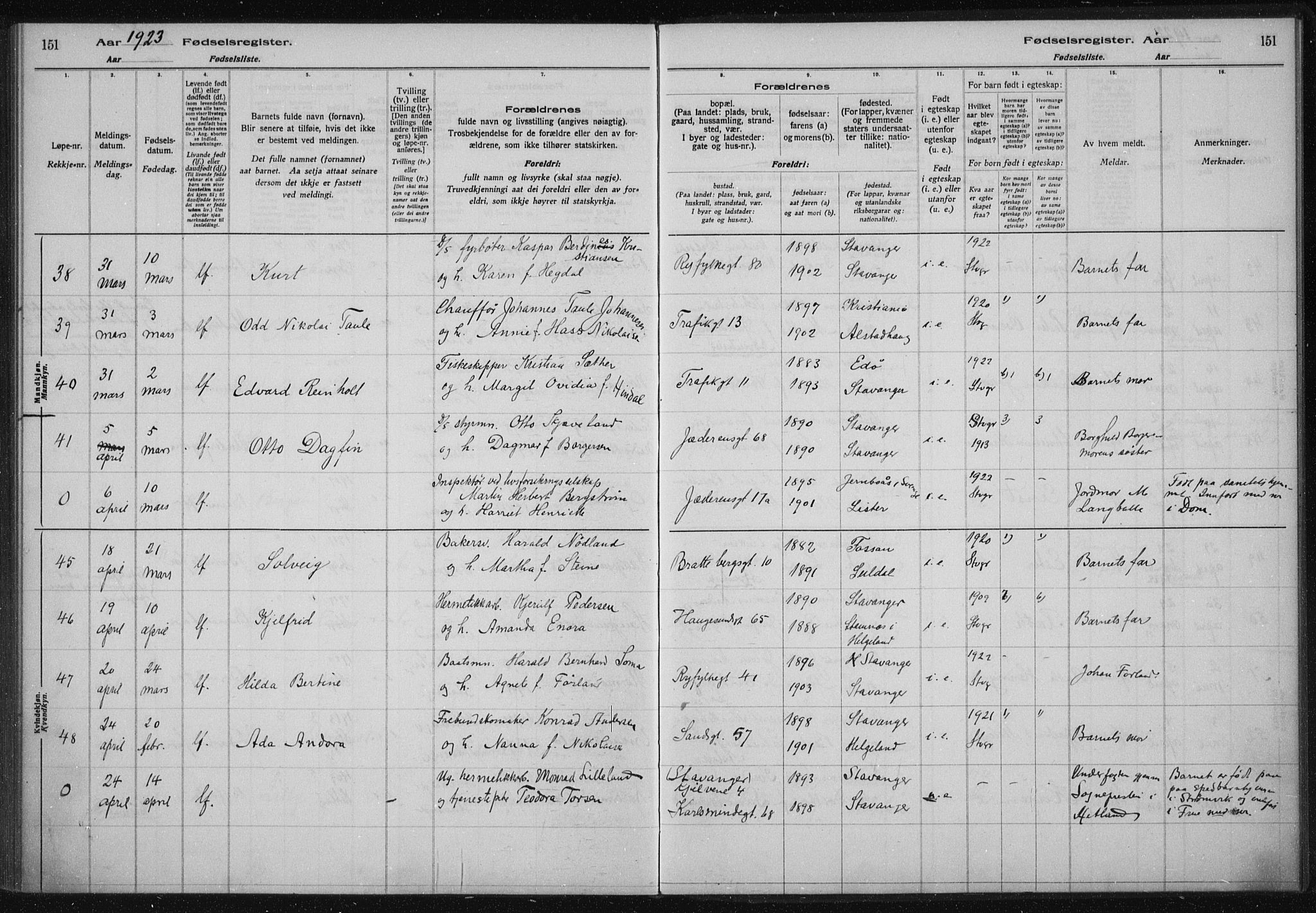 St. Johannes sokneprestkontor, AV/SAST-A-101814/002/A/L0002: Fødselsregister nr. 2, 1919-1924, s. 151