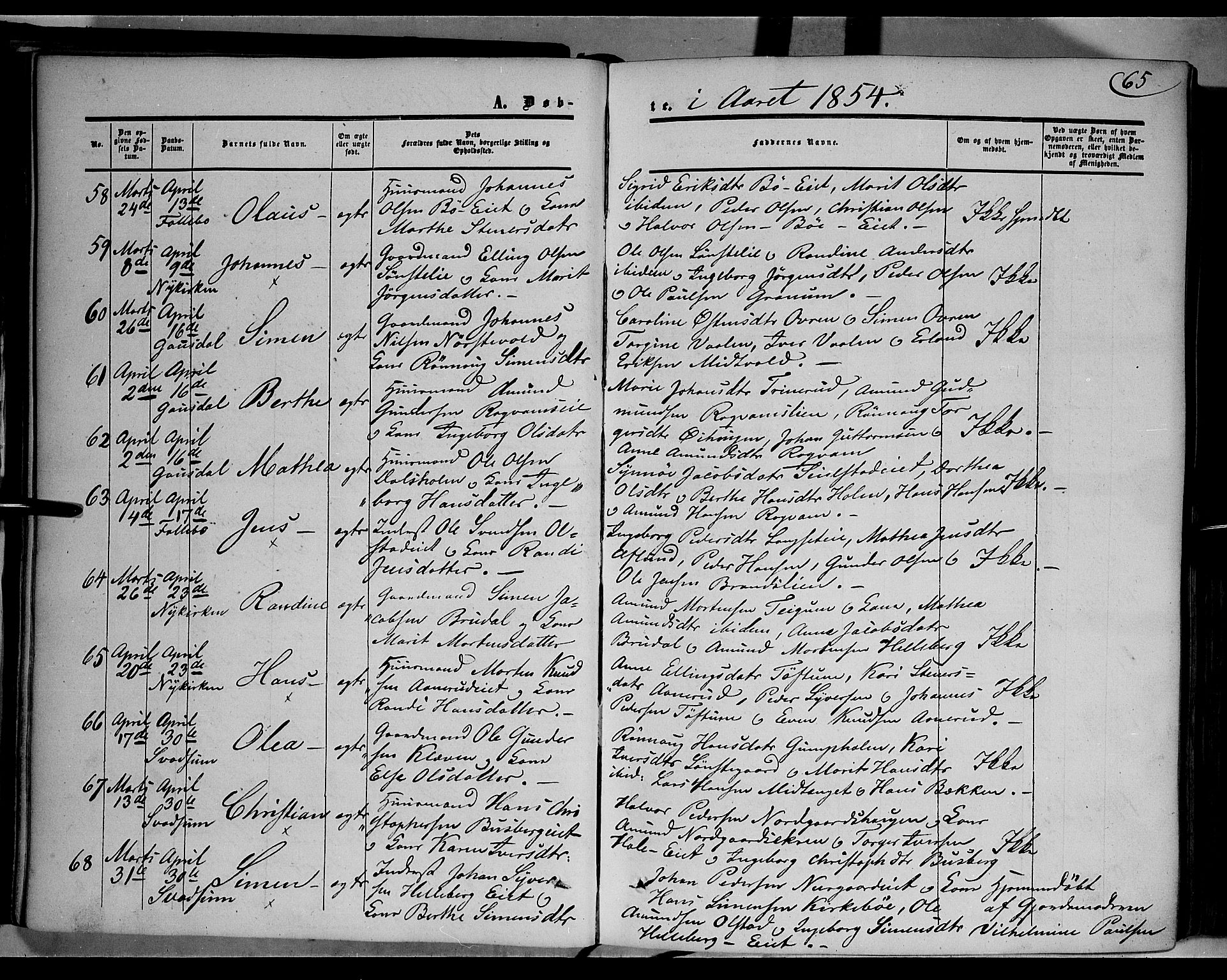 Gausdal prestekontor, AV/SAH-PREST-090/H/Ha/Haa/L0008: Ministerialbok nr. 8, 1850-1861, s. 65