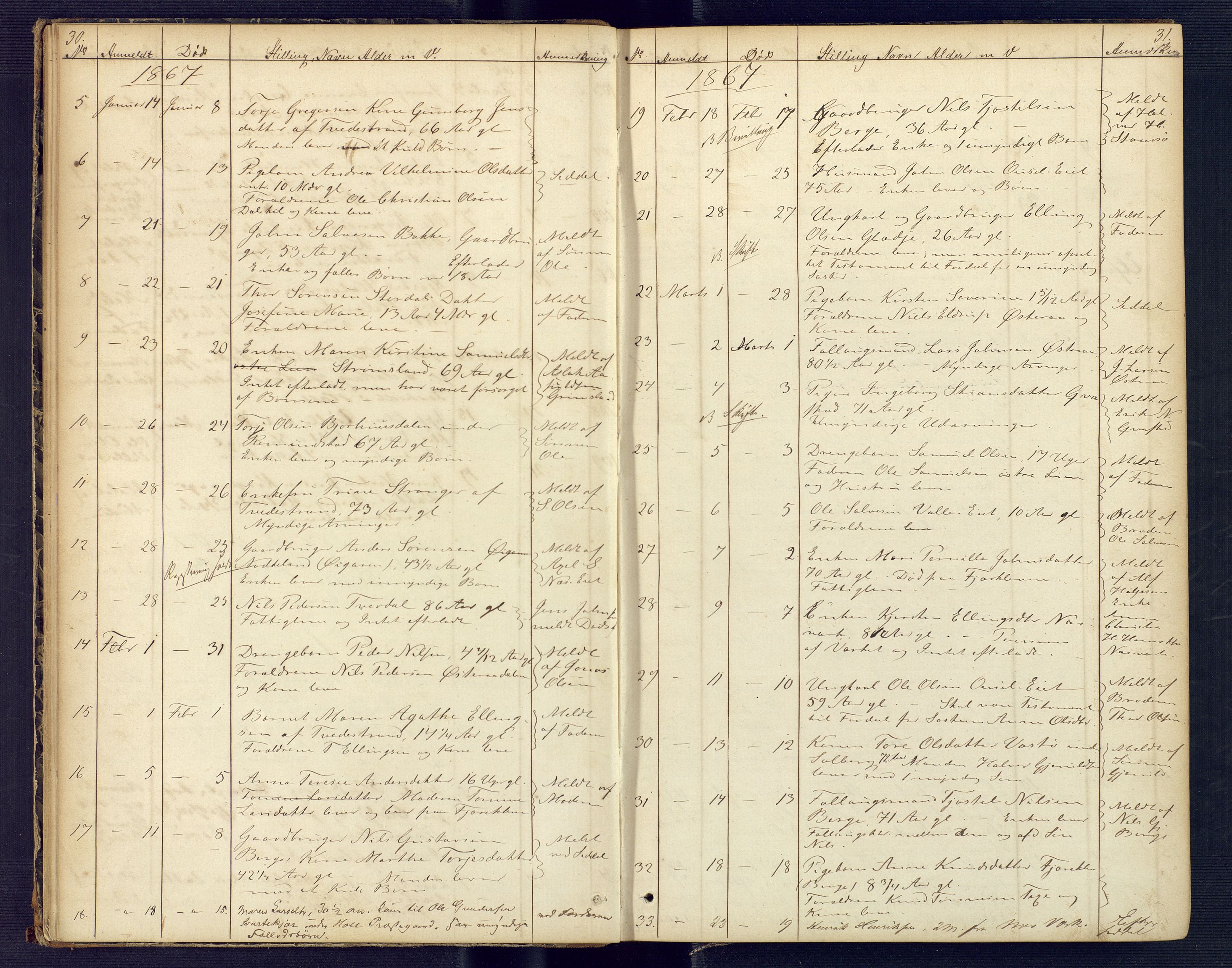 Holt sorenskriveri, AV/SAK-1221-0002/H/Ha/L0001: Dødsfallsprotokoll nr. 2, 1863-1882, s. 30-31